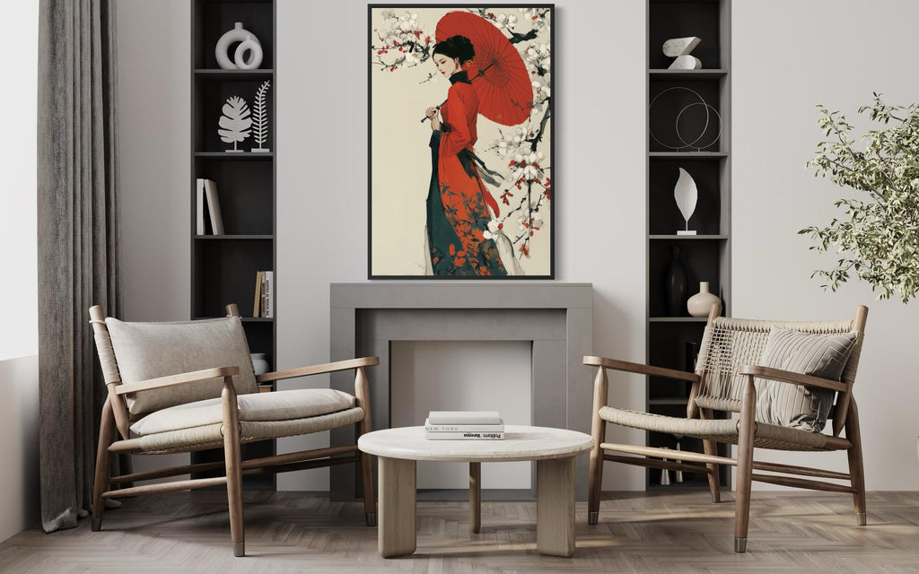 Ukiyo E Geisha Wall Art - Japanese Kimono Painting With Red Umbrella Canvas Print