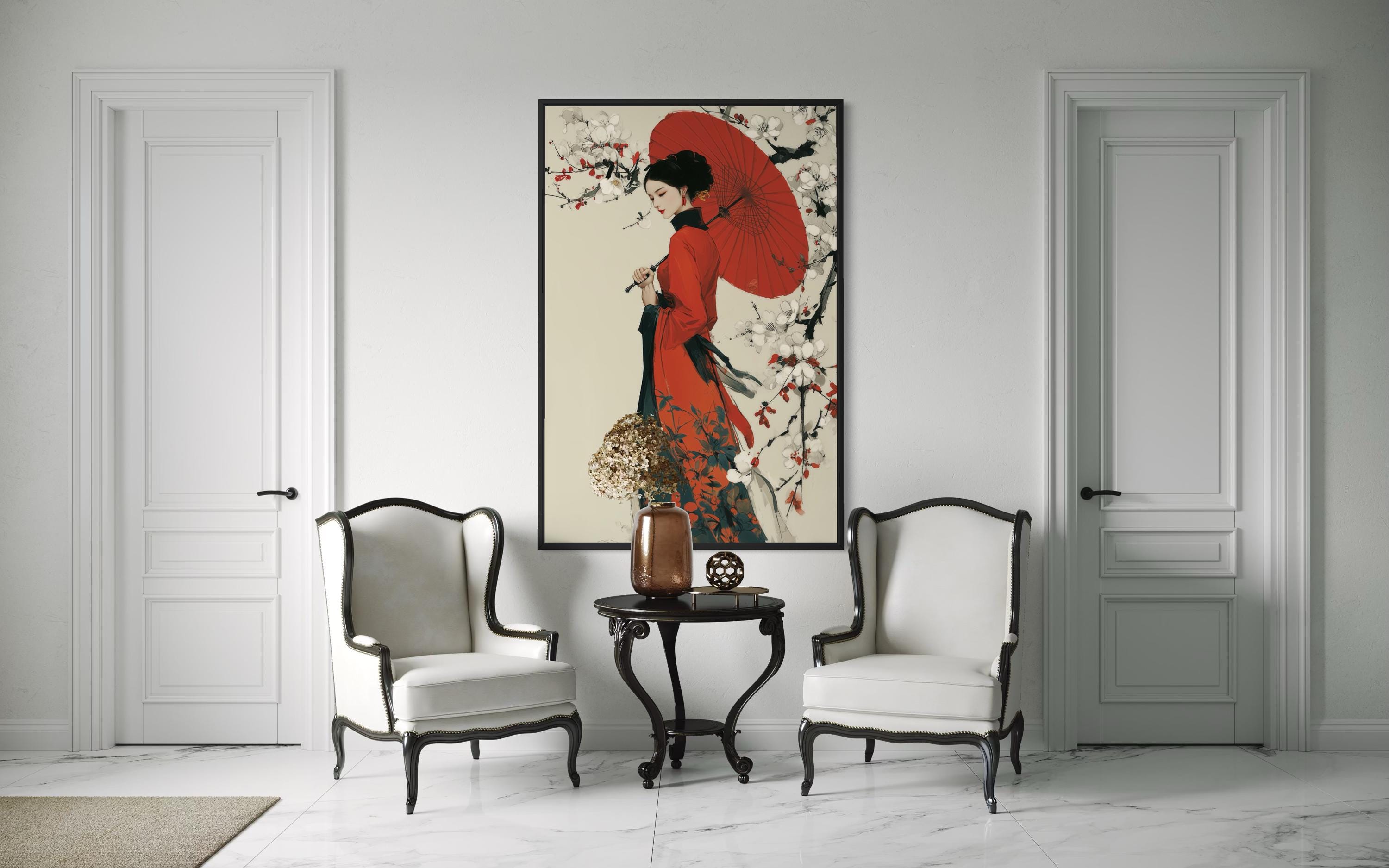 Ukiyo E Geisha Wall Art - Japanese Kimono Painting With Red Umbrella Canvas Print