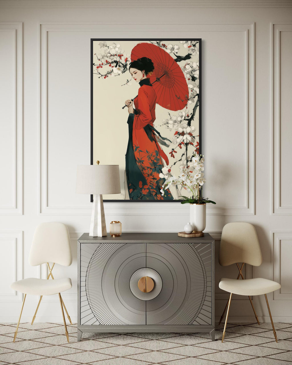 Ukiyo E Geisha Wall Art - Japanese Kimono Painting With Red Umbrella Canvas Print
