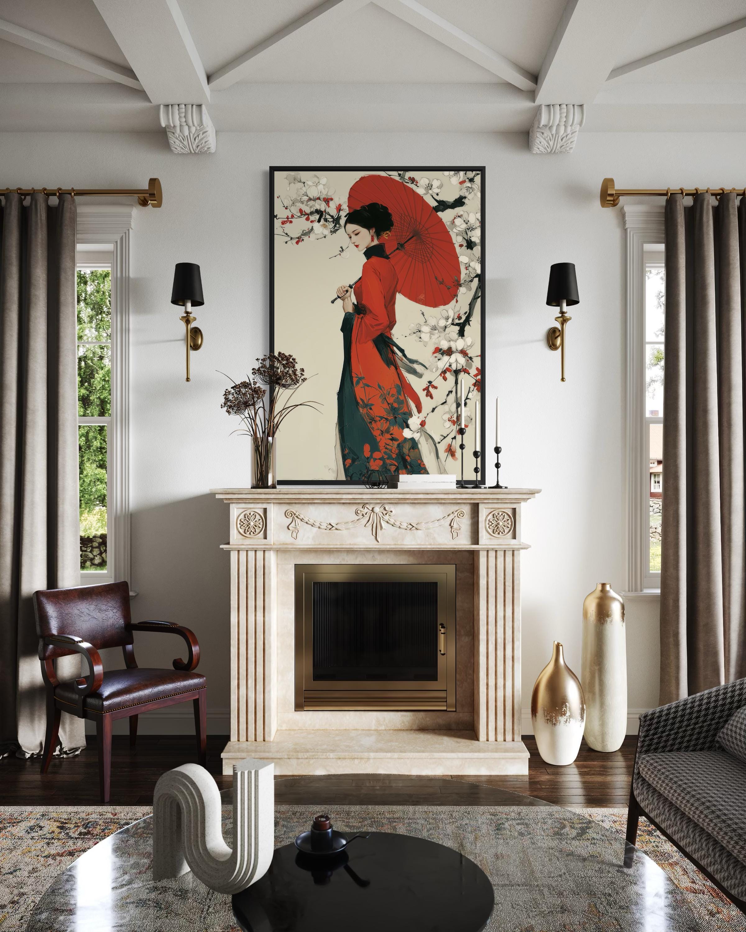 Ukiyo E Geisha Wall Art - Japanese Kimono Painting With Red Umbrella Canvas Print
