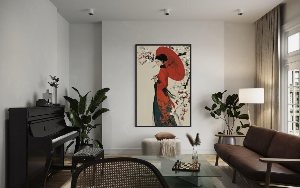 Ukiyo E Geisha Wall Art - Japanese Kimono Painting With Red Umbrella Canvas Print