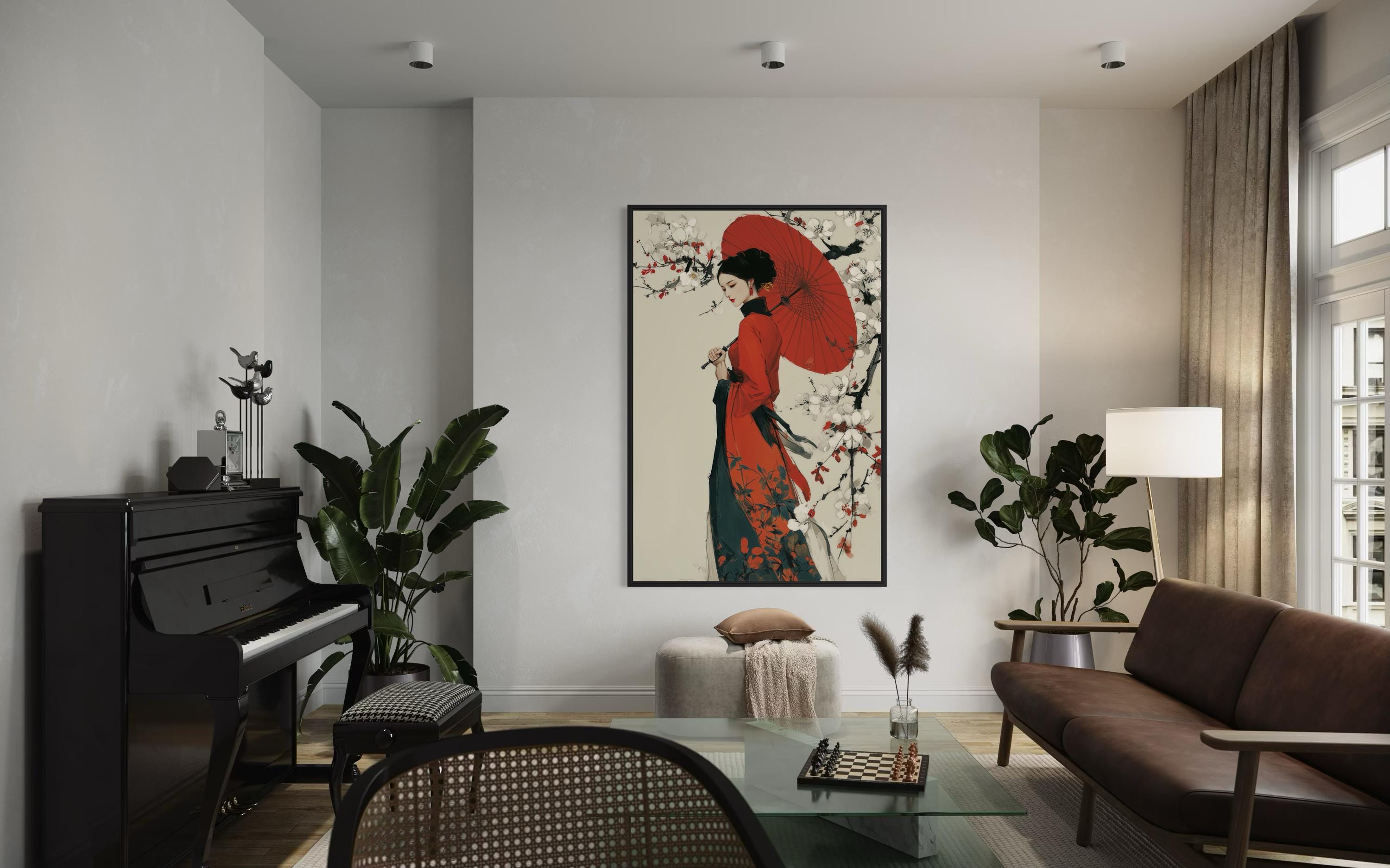 Ukiyo E Geisha Wall Art - Japanese Kimono Painting With Red Umbrella Canvas Print