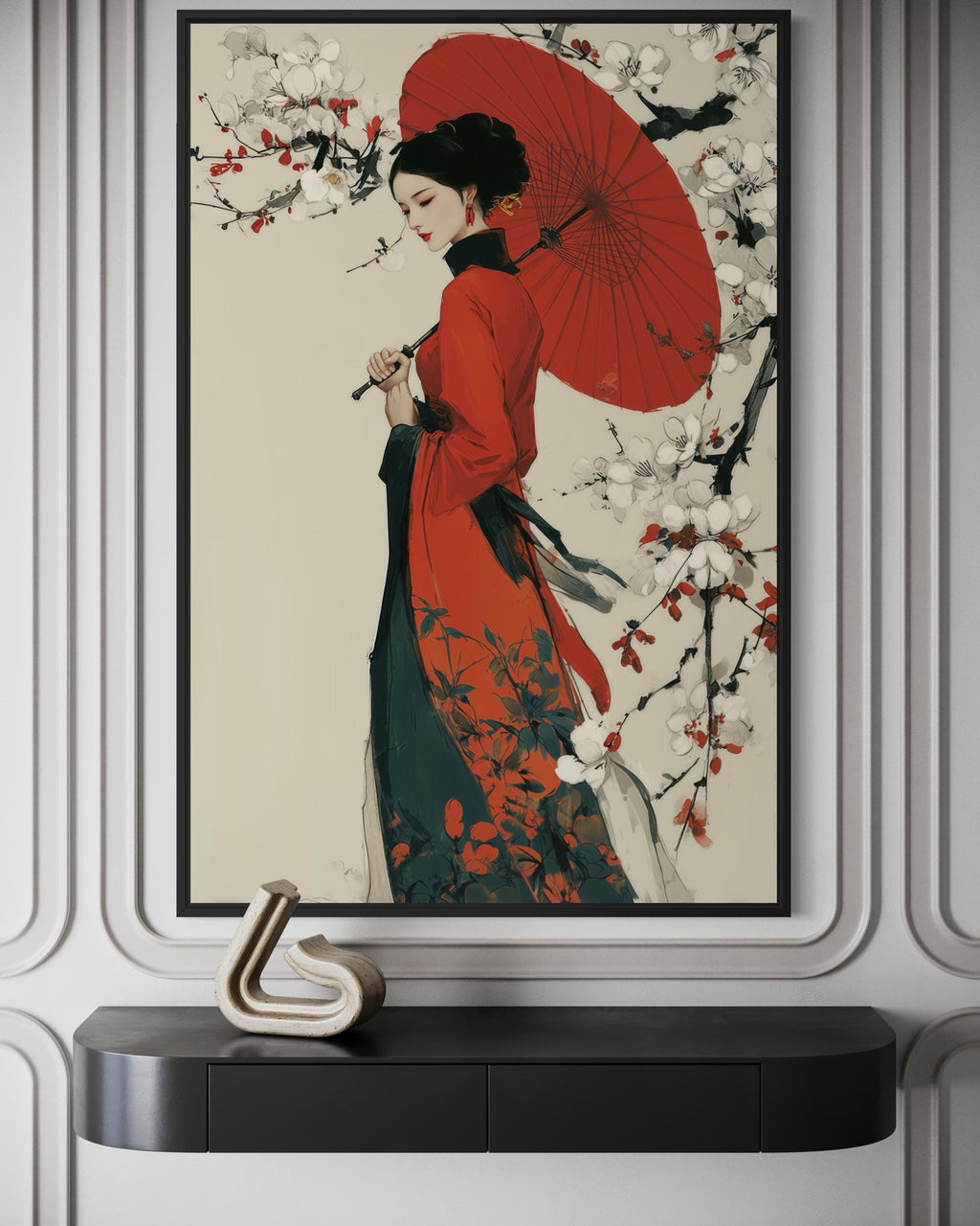 Ukiyo E Geisha Wall Art - Japanese Kimono Painting With Red Umbrella Canvas Print