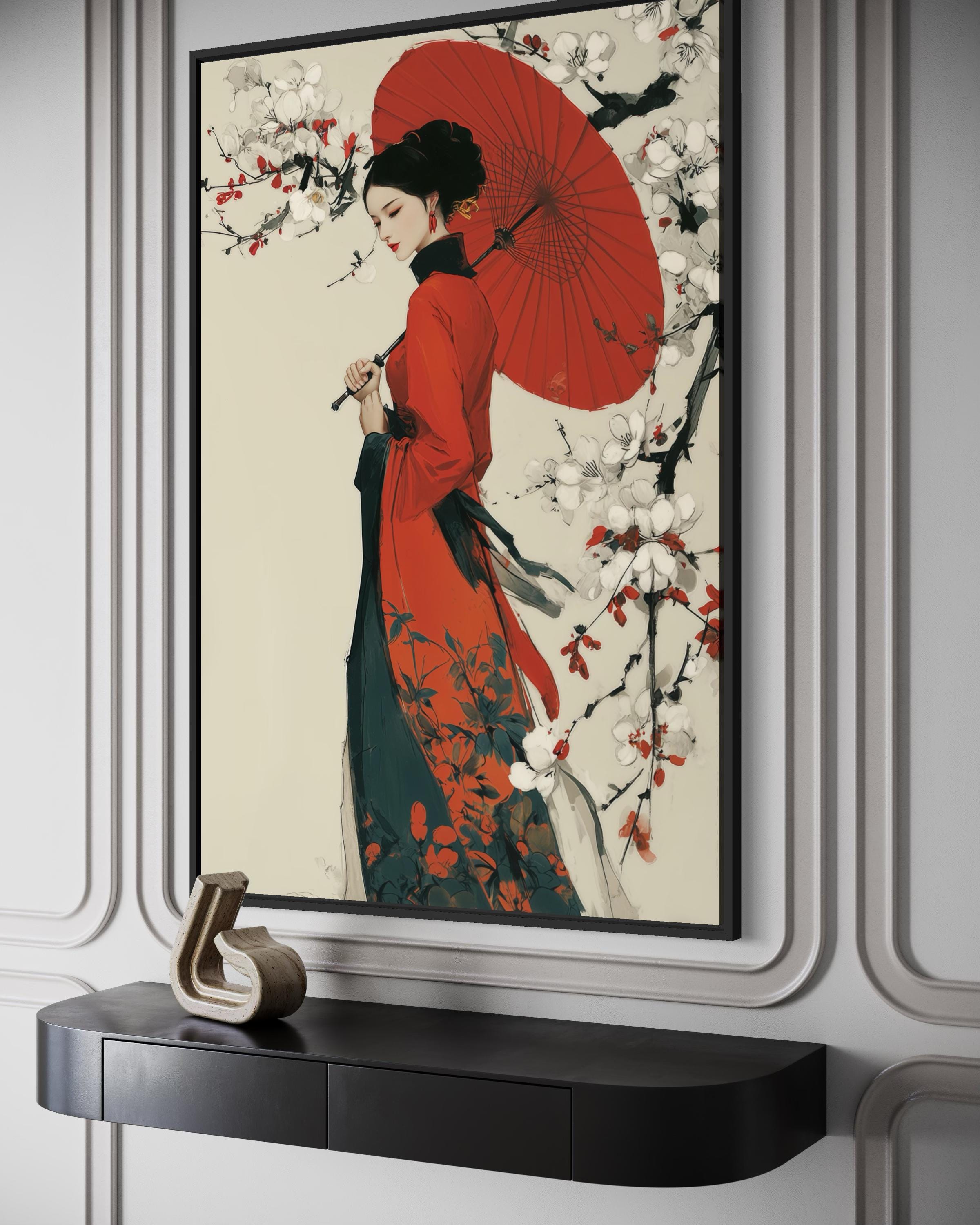 Ukiyo E Geisha Wall Art - Japanese Kimono Painting With Red Umbrella Canvas Print