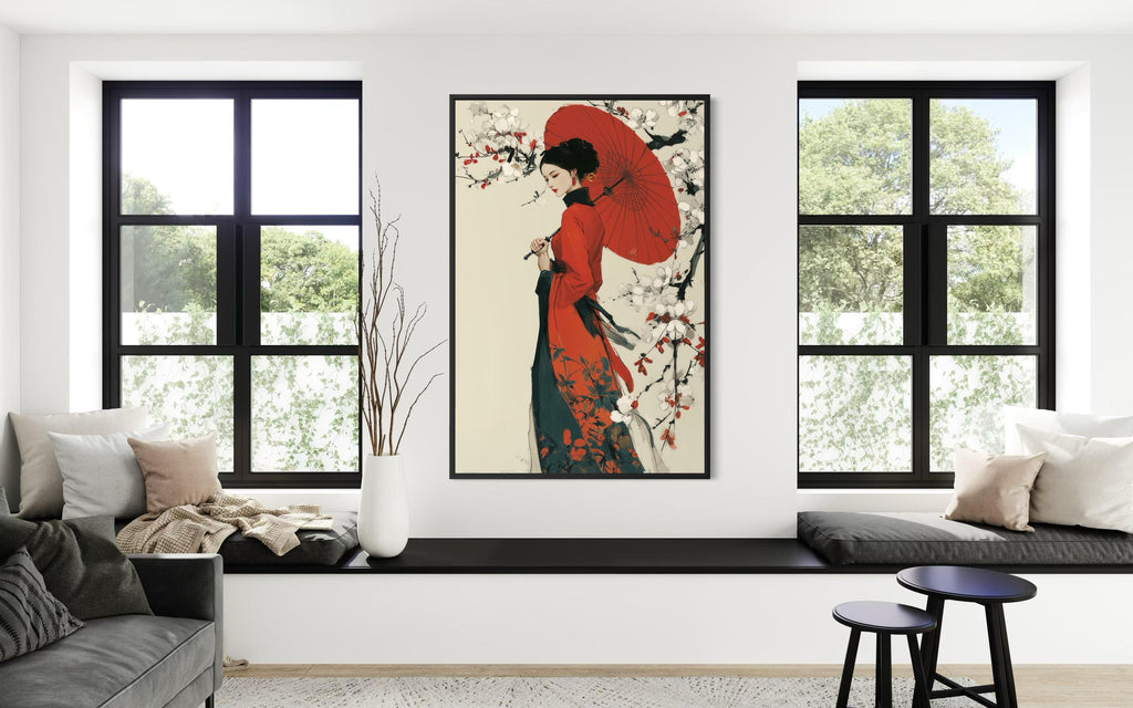 Ukiyo E Geisha Wall Art - Japanese Kimono Painting With Red Umbrella Canvas Print