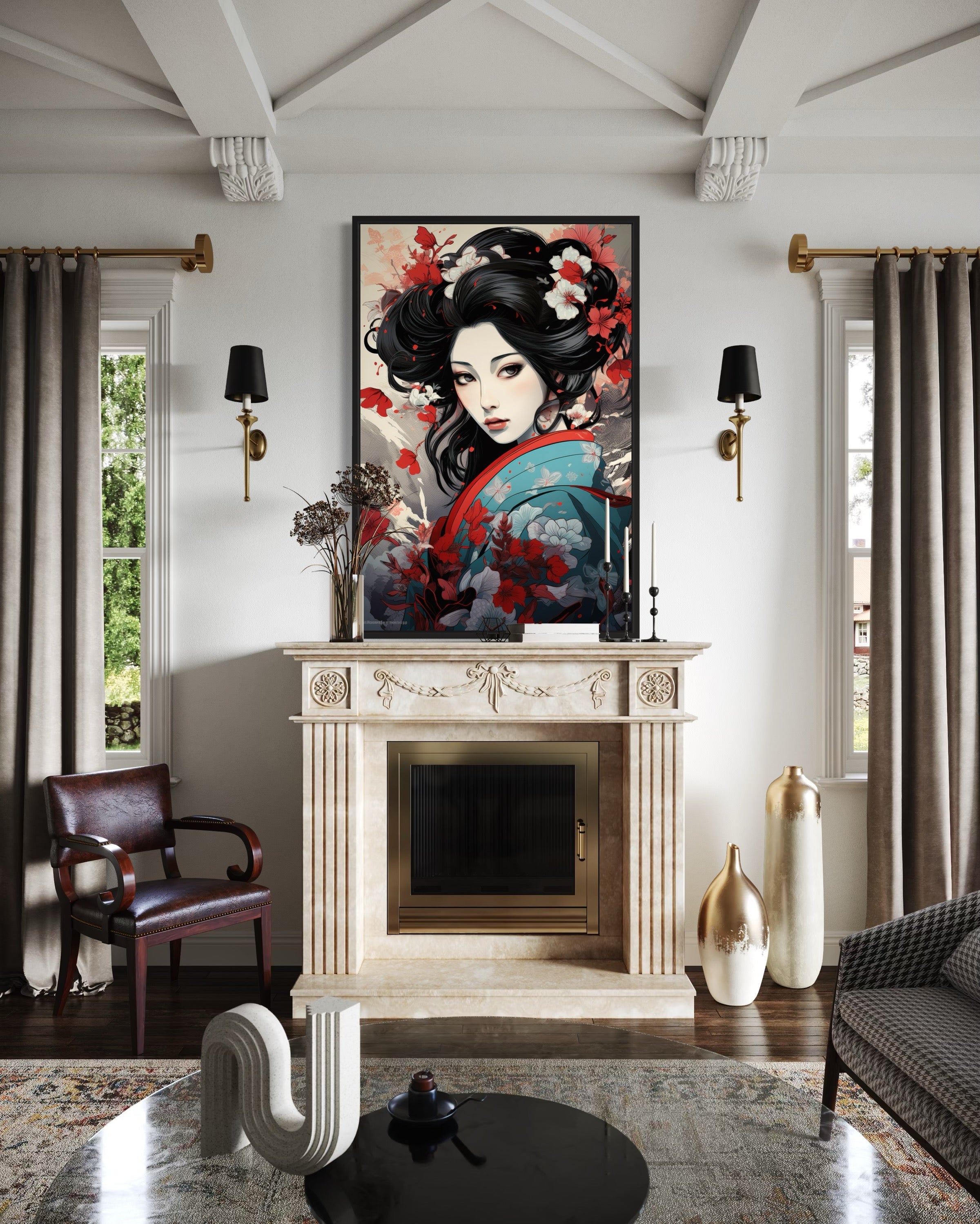 Ukiyo-e Style Geisha Portrait Framed Canvas Wall Art