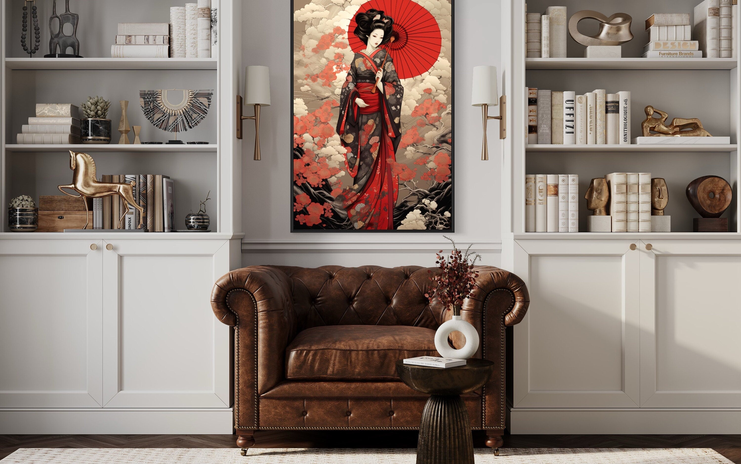 Ukiyo-e Style Geisha With Red Umbrella Framed Canvas Wall Art