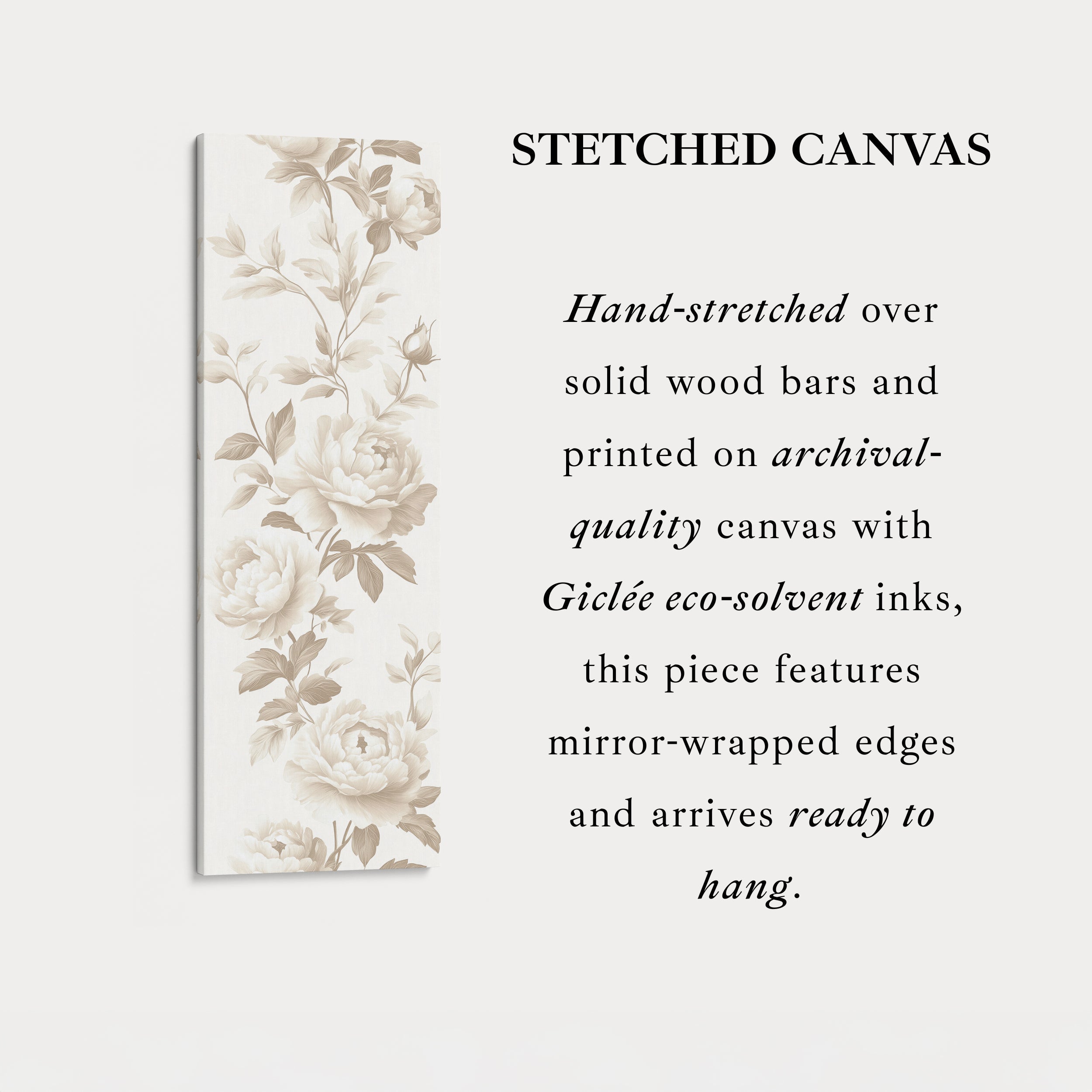 Vertical Beige Peonies Floral Long Framed Canvas Decor