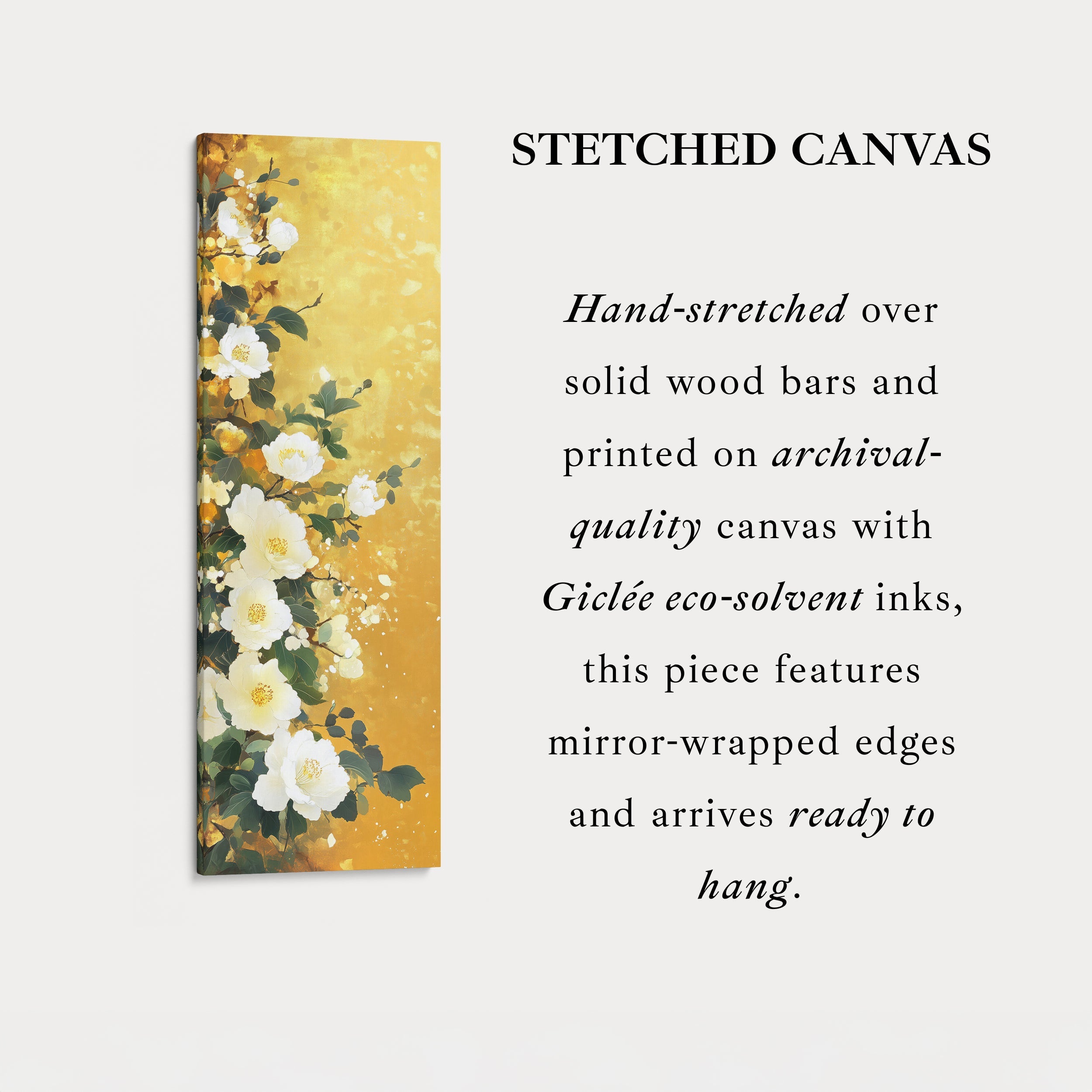 Vertical White & Gold Floral Long Framed Canvas Decor