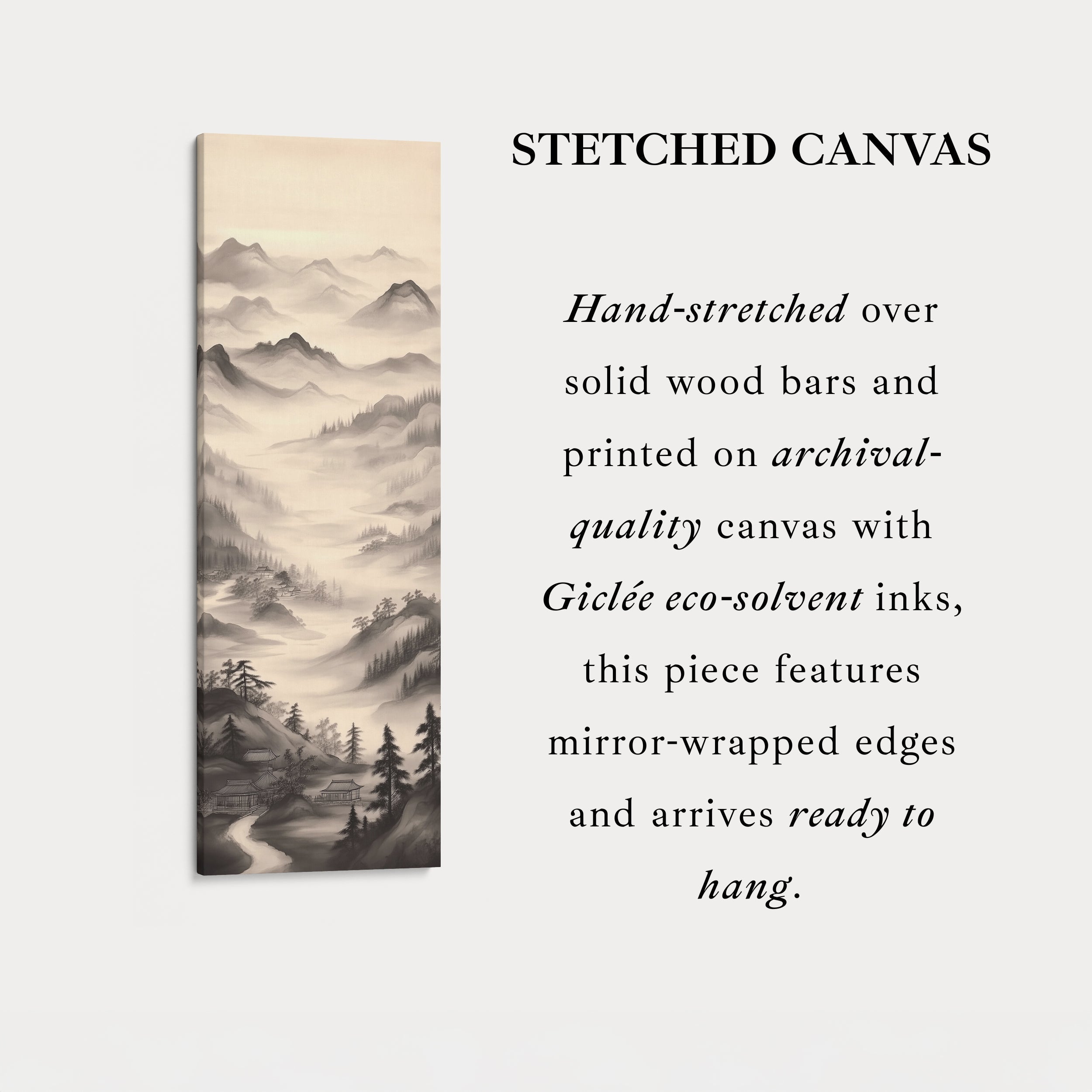 Vertical Chinese Landscape Painting Long Framed Canvas Decor
