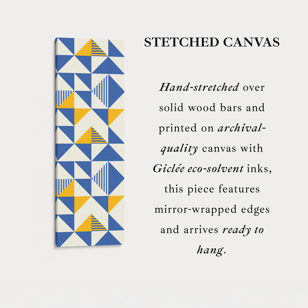 Retro Blue and Yellow Triangles Vertical Framed Canvas Wall Art for Bedroom or Hallway