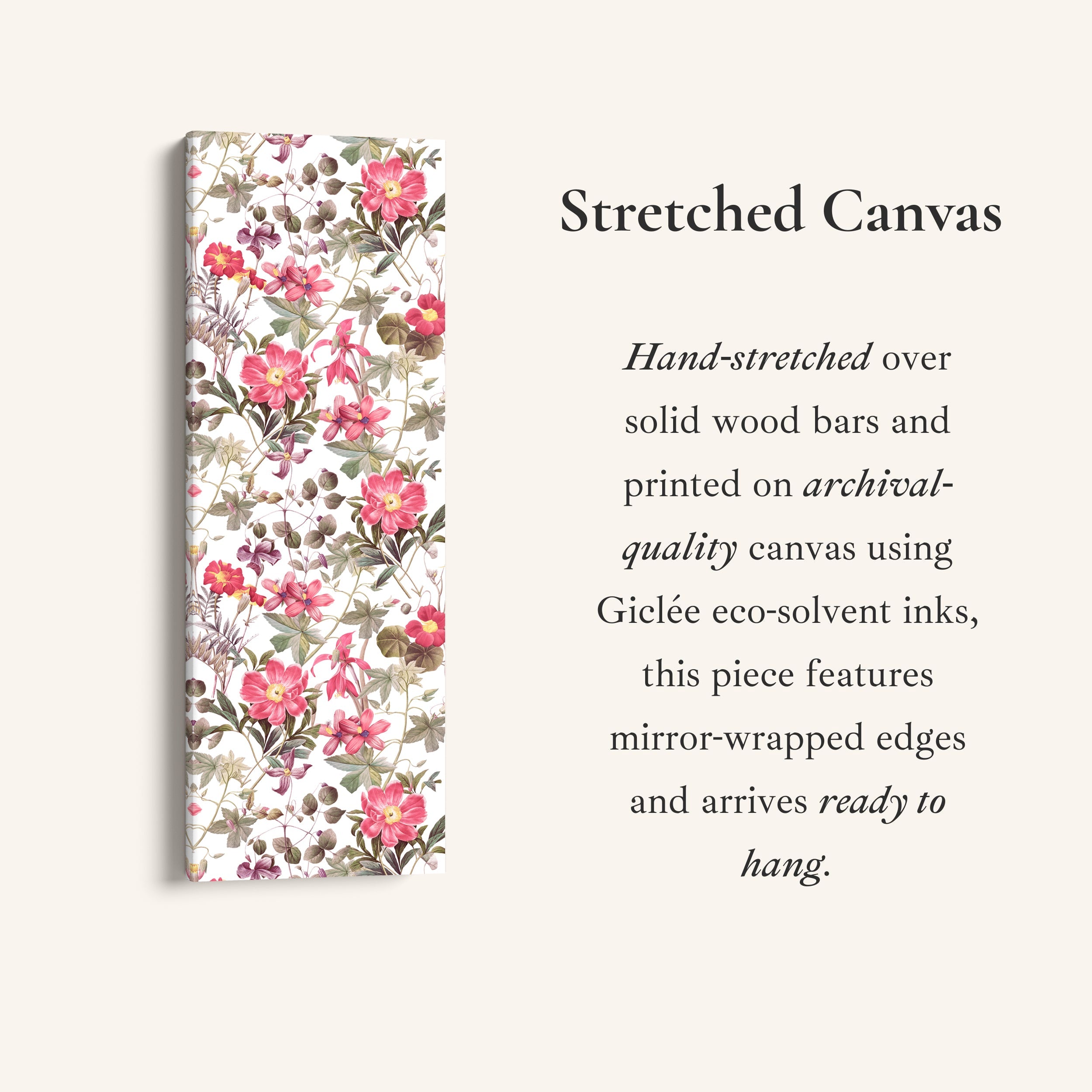 Tall Narrow Canvas Vintage Pink Floral Vertical Canvas For Living Room