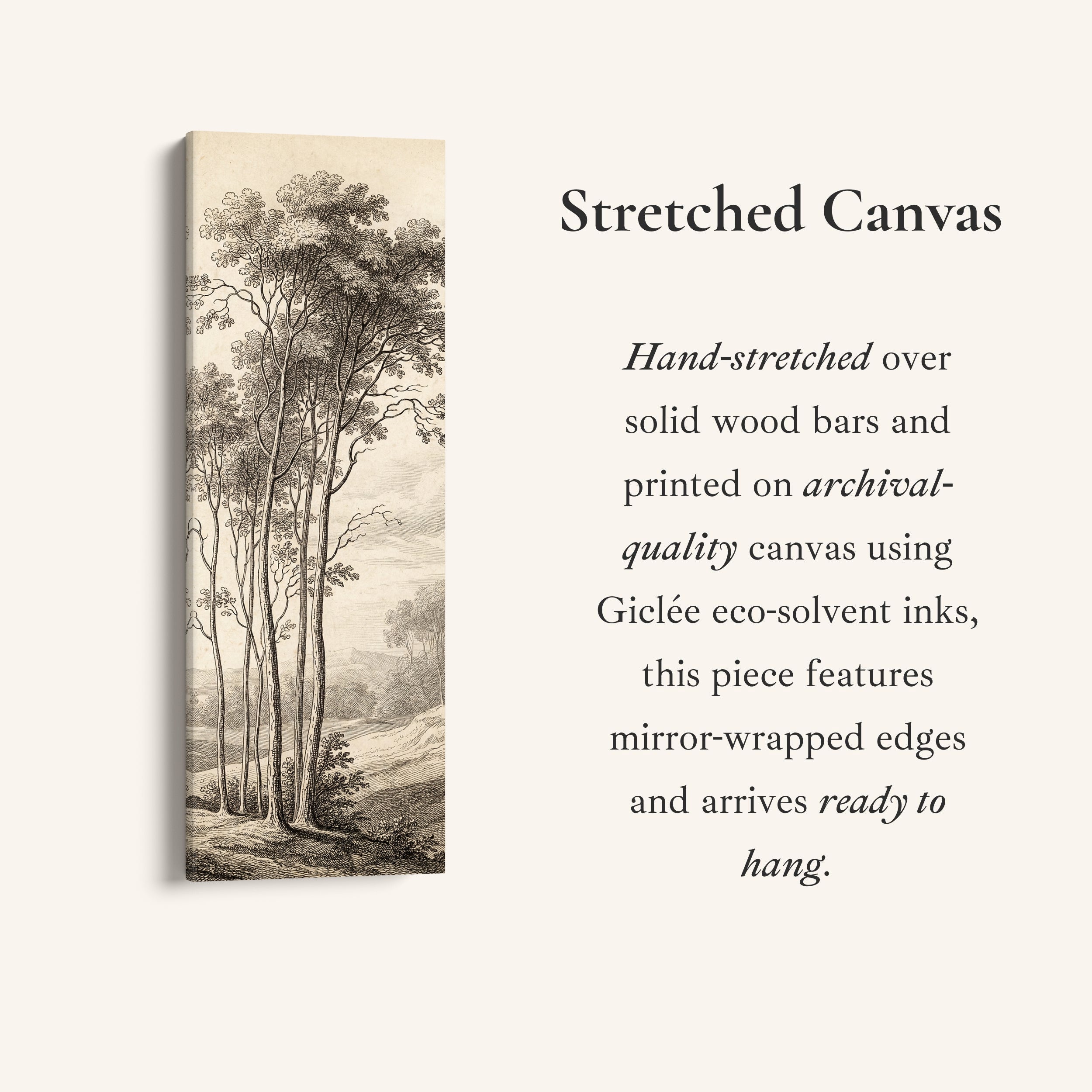 Vintage Tree Engraving Long Wall Art Vertical Canvas Print Living Room