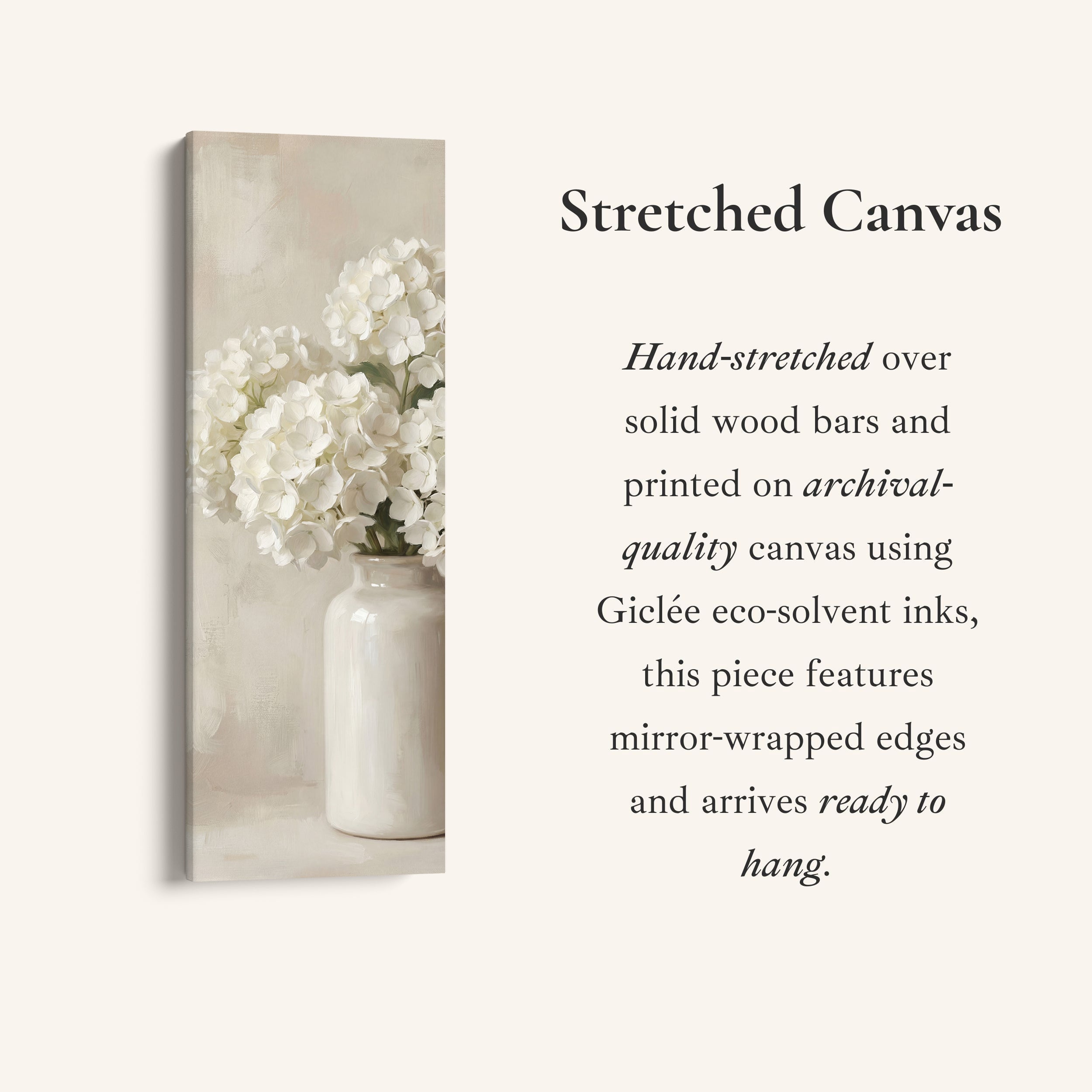 White Hydrangea Tall Wall Art Neutral Canvas Bedroom