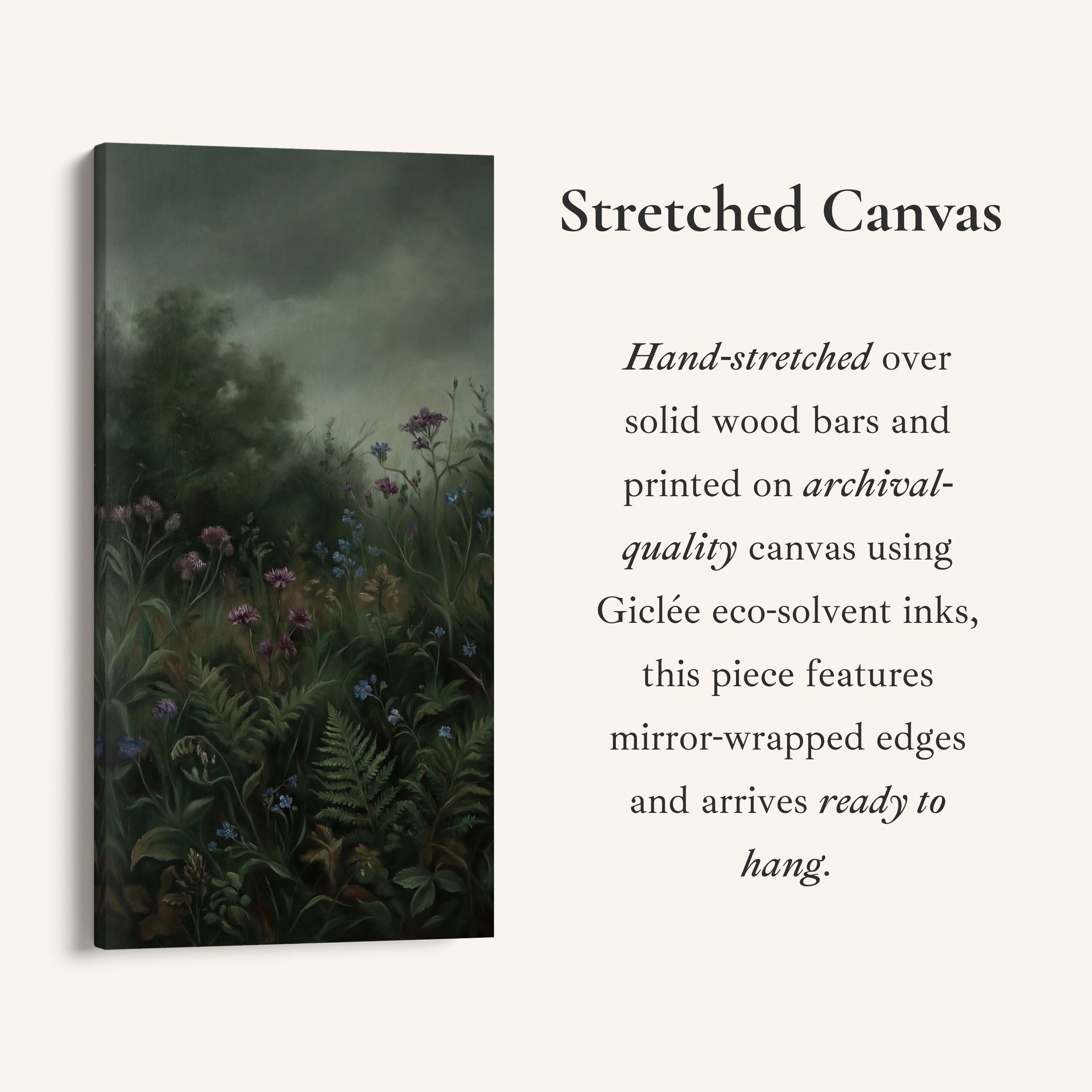 Large Vertical Wall Art Tall Framed Canvas Dark Forest Flowers And Ferns For Hallway
