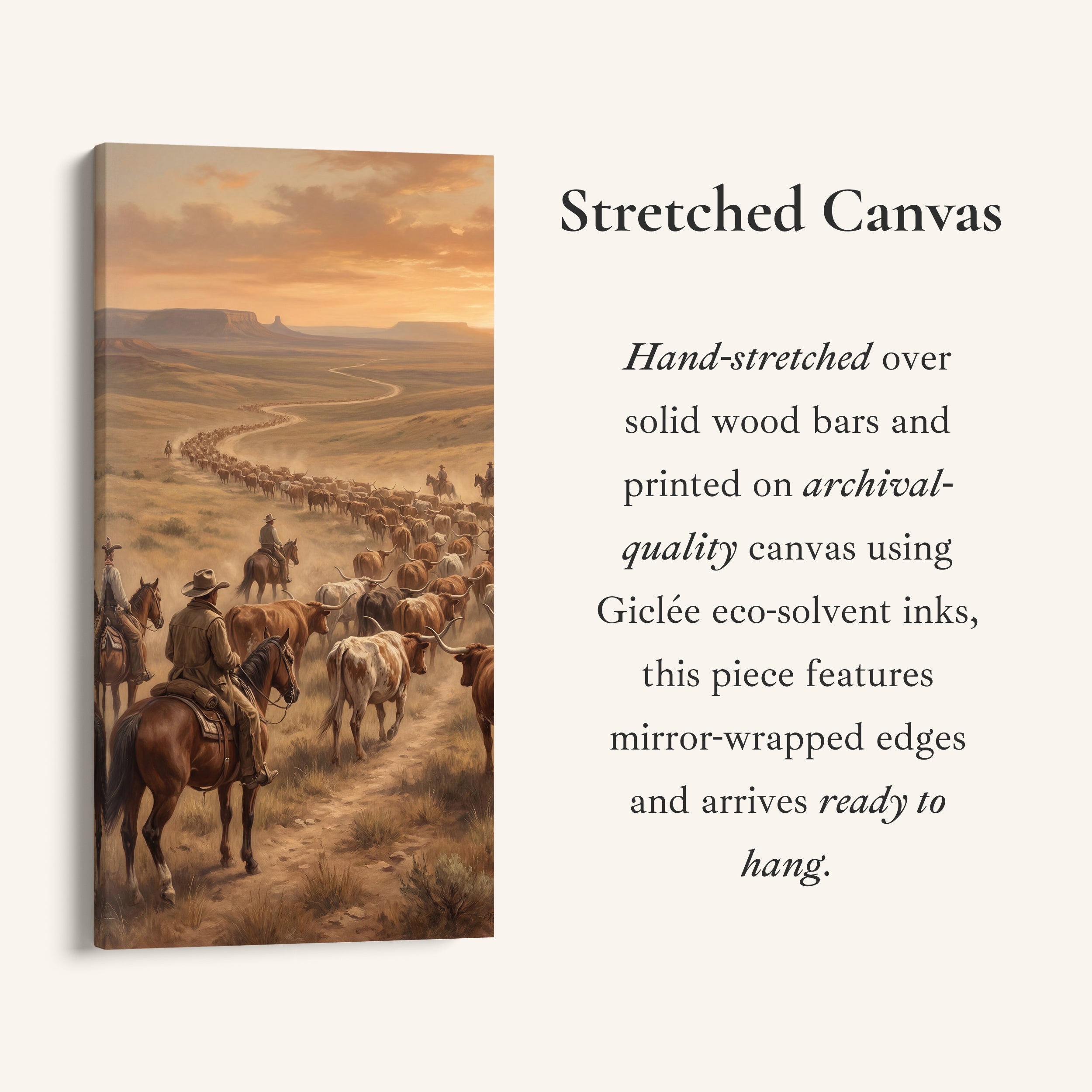 Large Vertical Wall Art Tall Framed Canvas Cattle Drive With Cowboys For Hallway