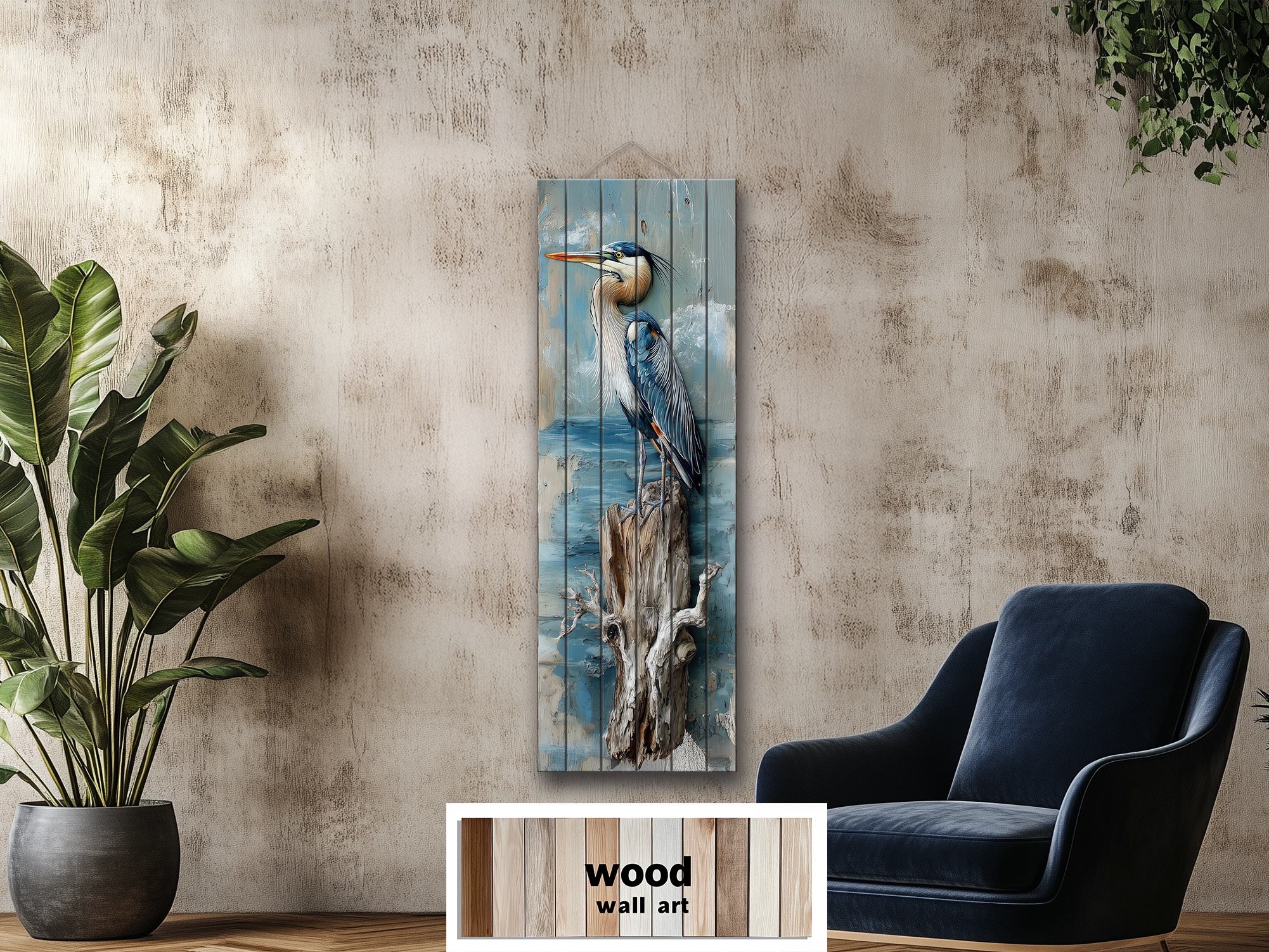 Vertical Blue Heron Wall Art - Distressed Wood Coastal Decor for Lake House