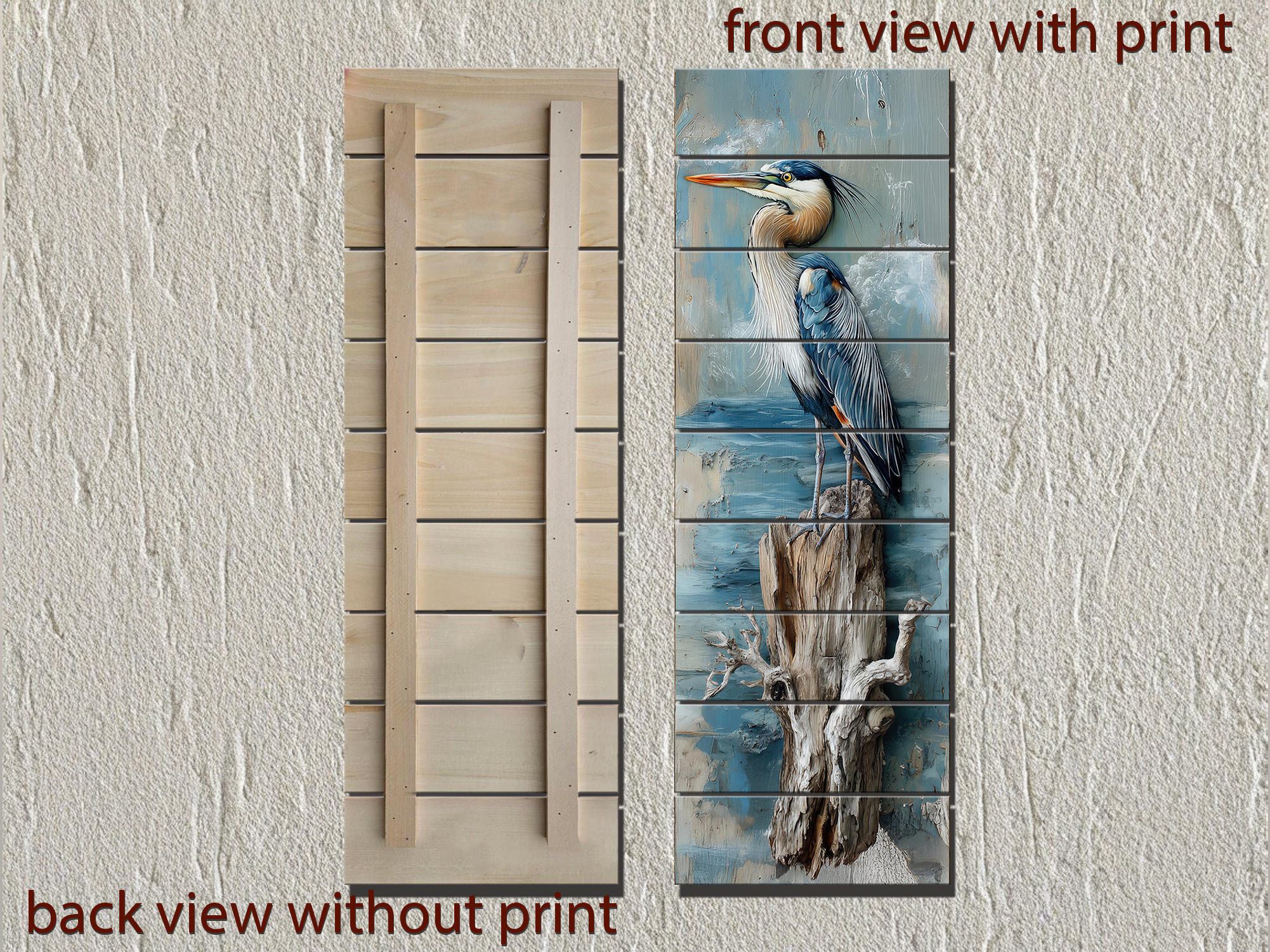 Vertical Blue Heron Wall Art - Distressed Wood Coastal Decor for Lake House