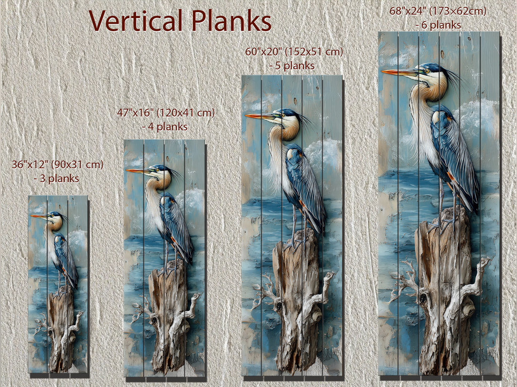 Vertical Blue Heron Wall Art - Distressed Wood Coastal Decor for Lake House