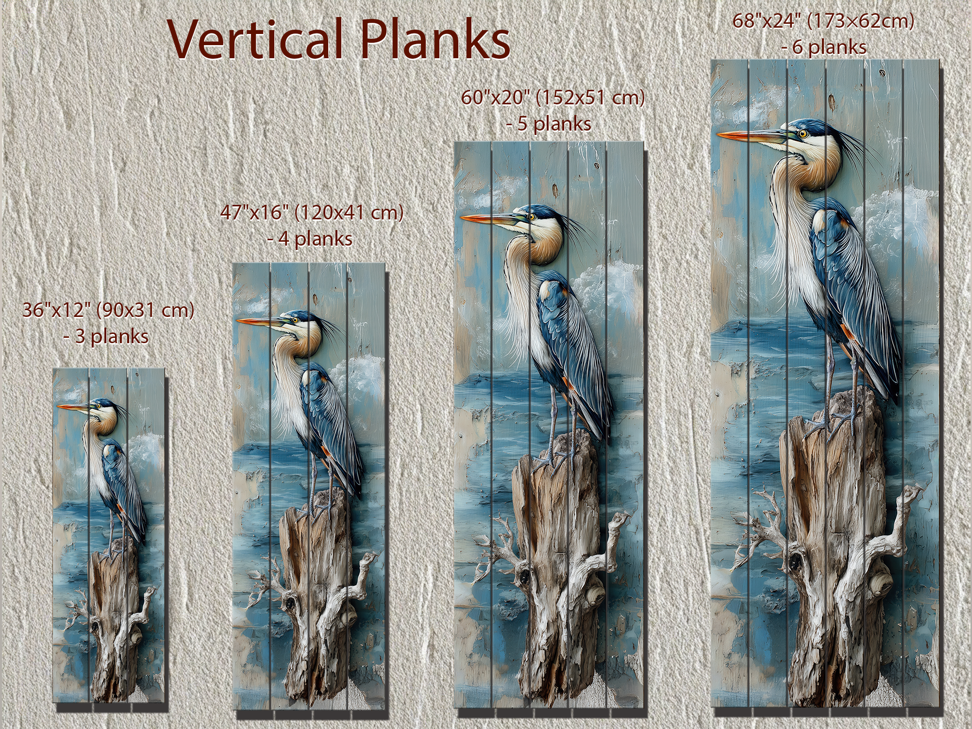 Vertical Blue Heron Wall Art - Distressed Wood Coastal Decor for Lake House