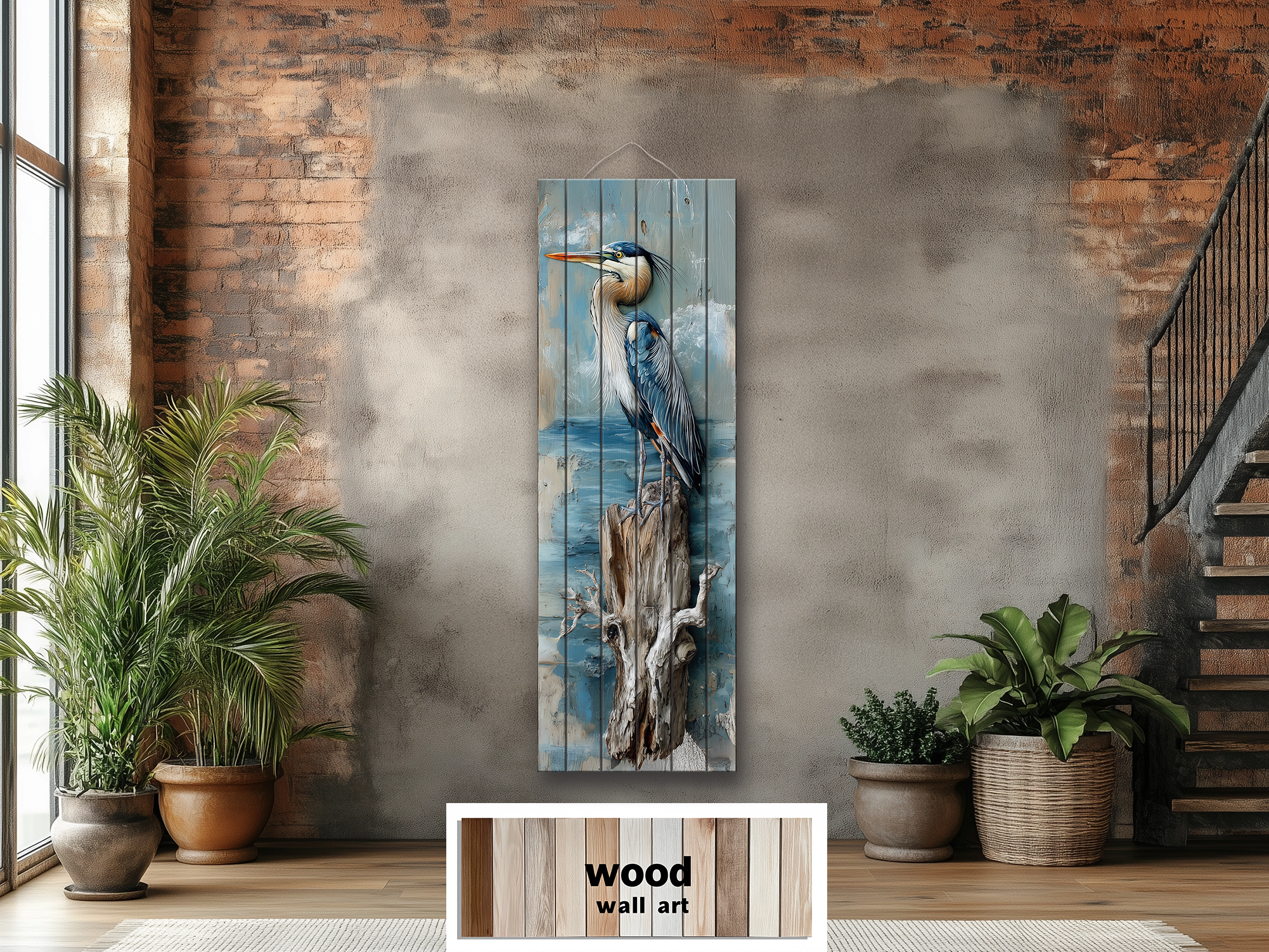 Vertical Blue Heron Wall Art - Distressed Wood Coastal Decor for Lake House
