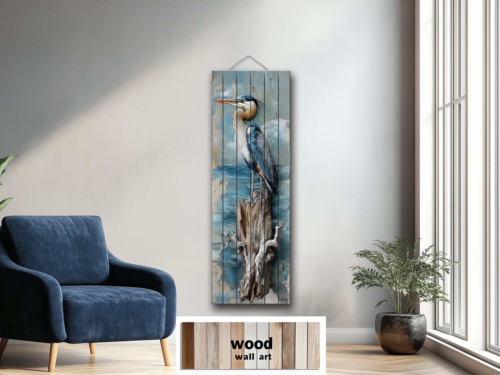 Vertical Blue Heron Wall Art - Distressed Wood Coastal Decor for Lake House