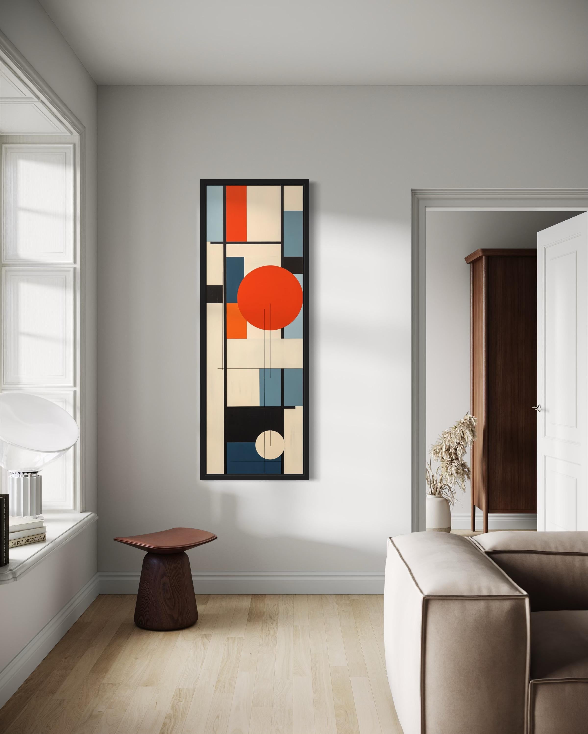 Vertical Mid Century Modern Wall Art, Colorful Geometric Abstract Canvas Print With Red Circle