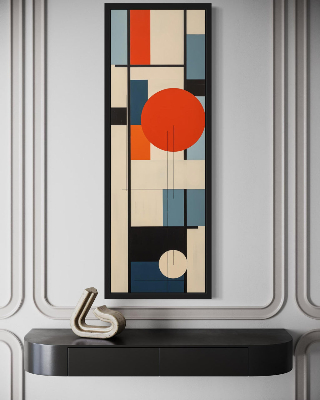 Vertical Mid Century Modern Wall Art, Colorful Geometric Abstract Canvas Print With Red Circle