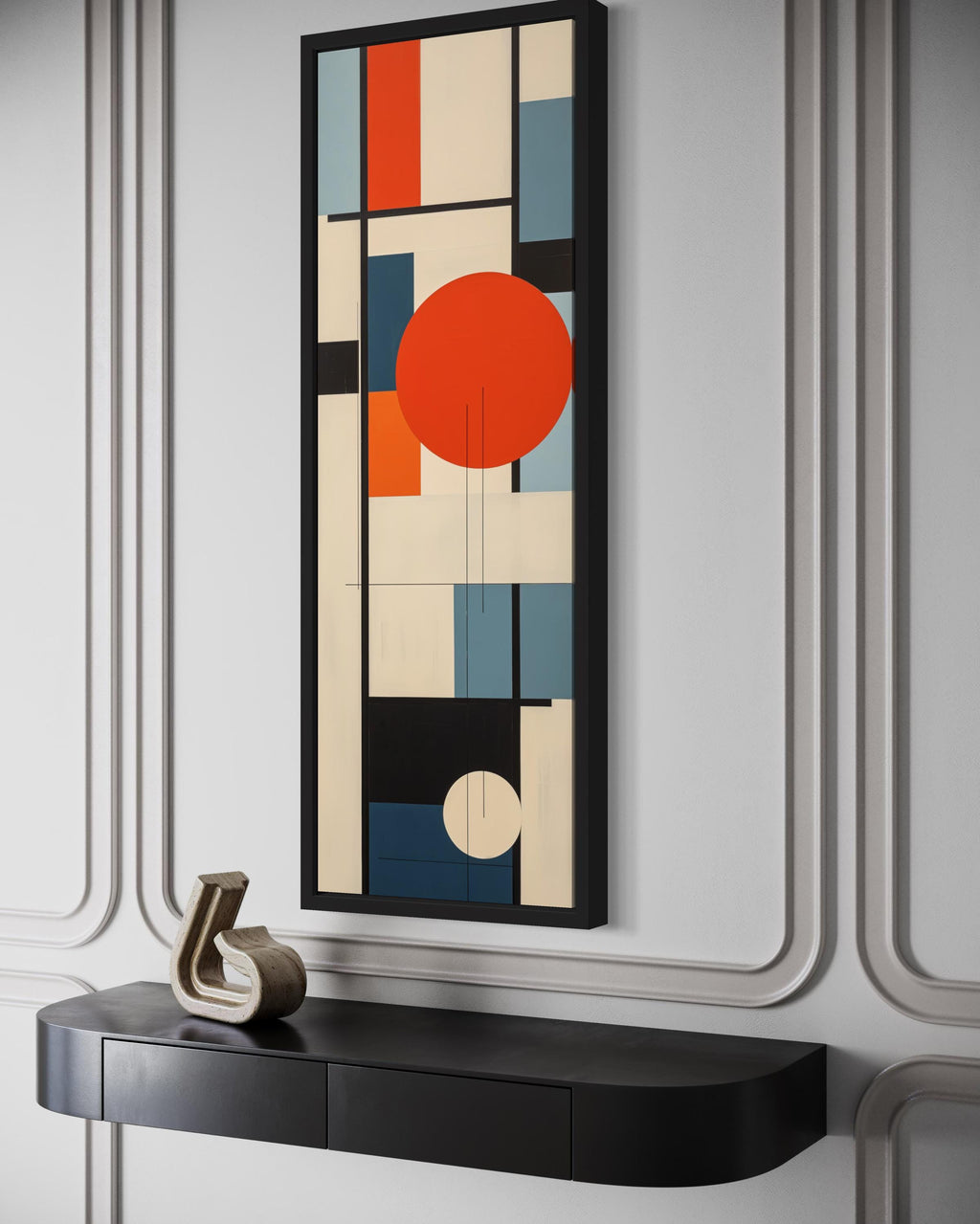 Vertical Mid Century Modern Wall Art, Colorful Geometric Abstract Canvas Print With Red Circle