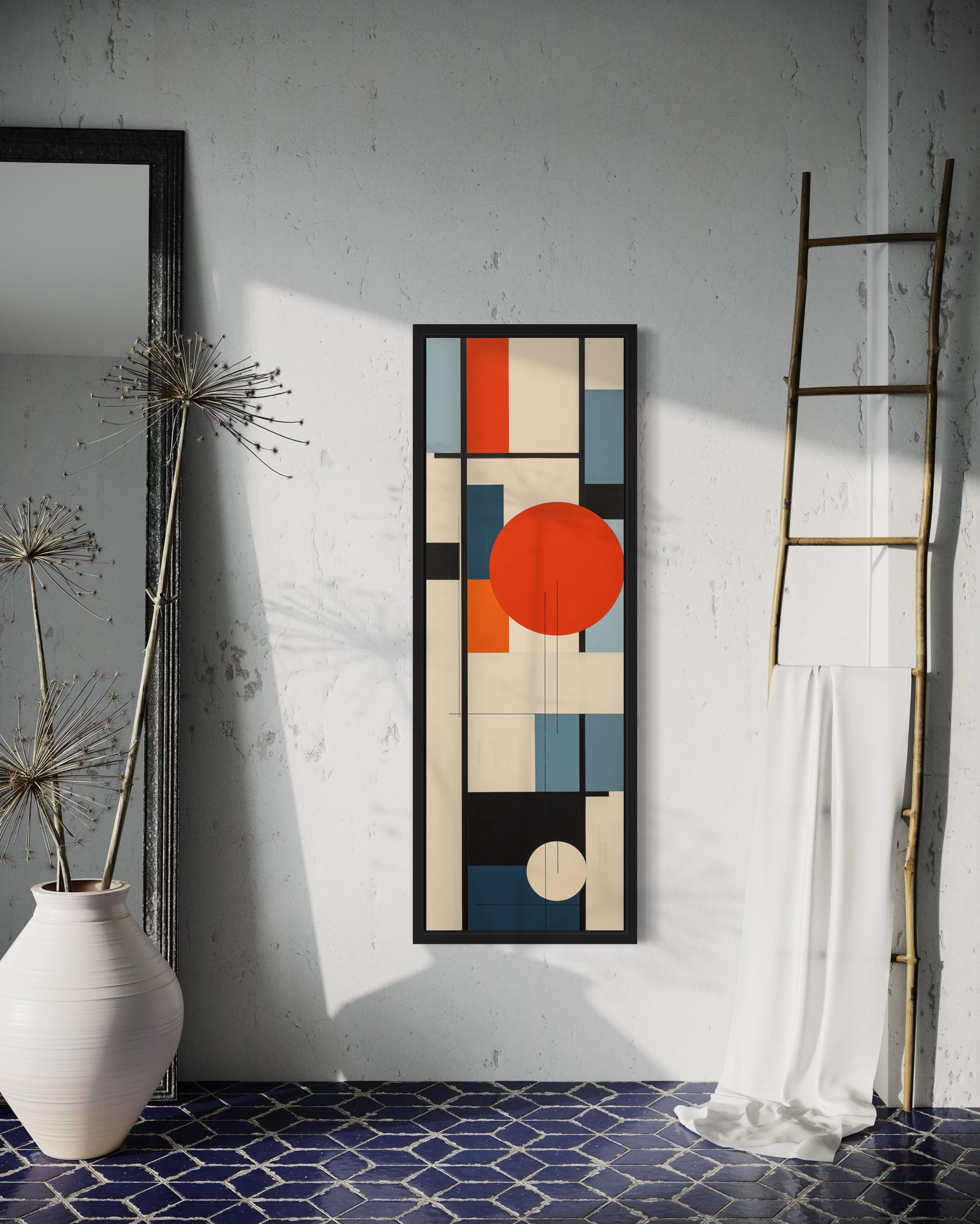 Vertical Mid Century Modern Wall Art, Colorful Geometric Abstract Canvas Print With Red Circle