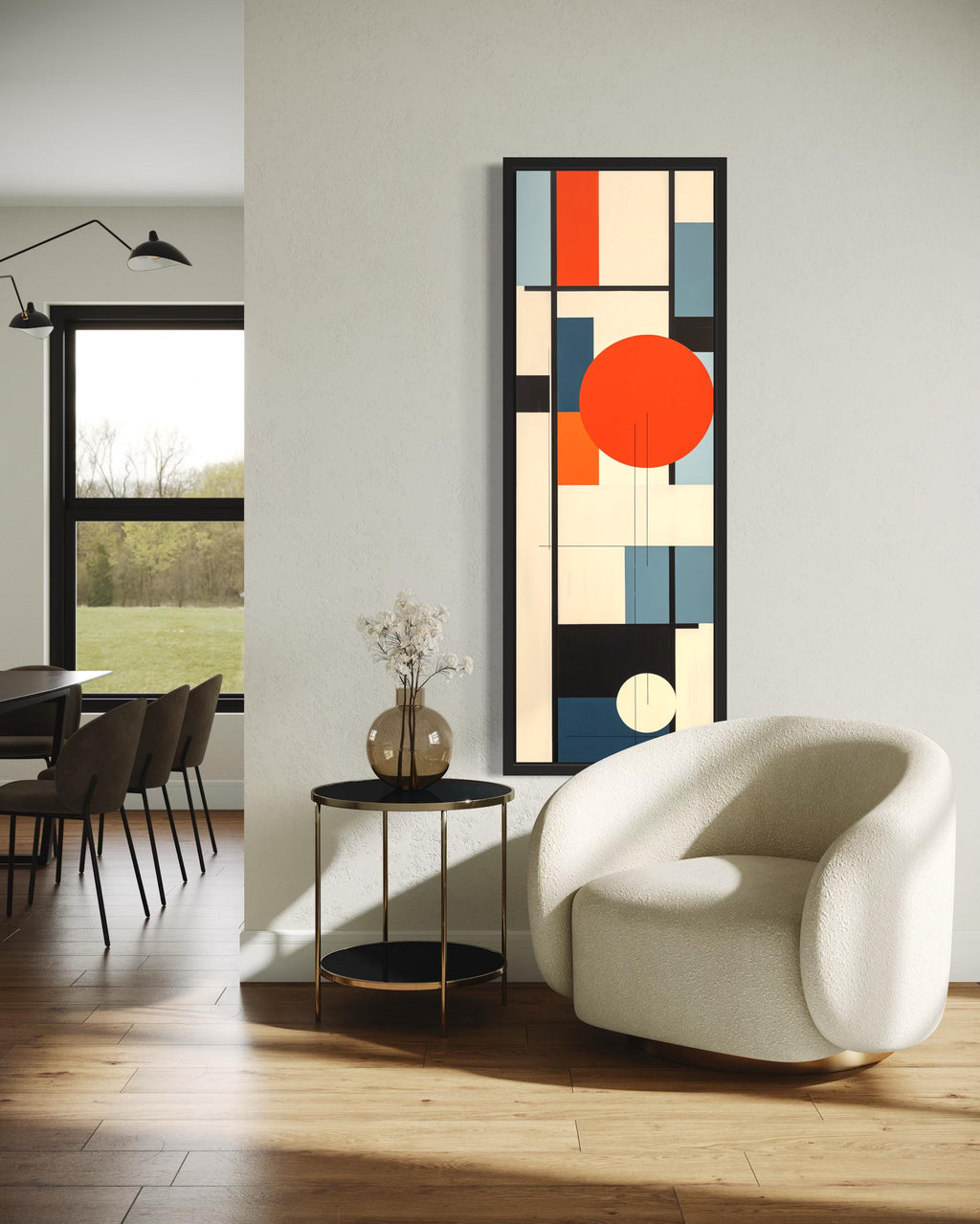 Vertical Mid Century Modern Wall Art, Colorful Geometric Abstract Canvas Print With Red Circle