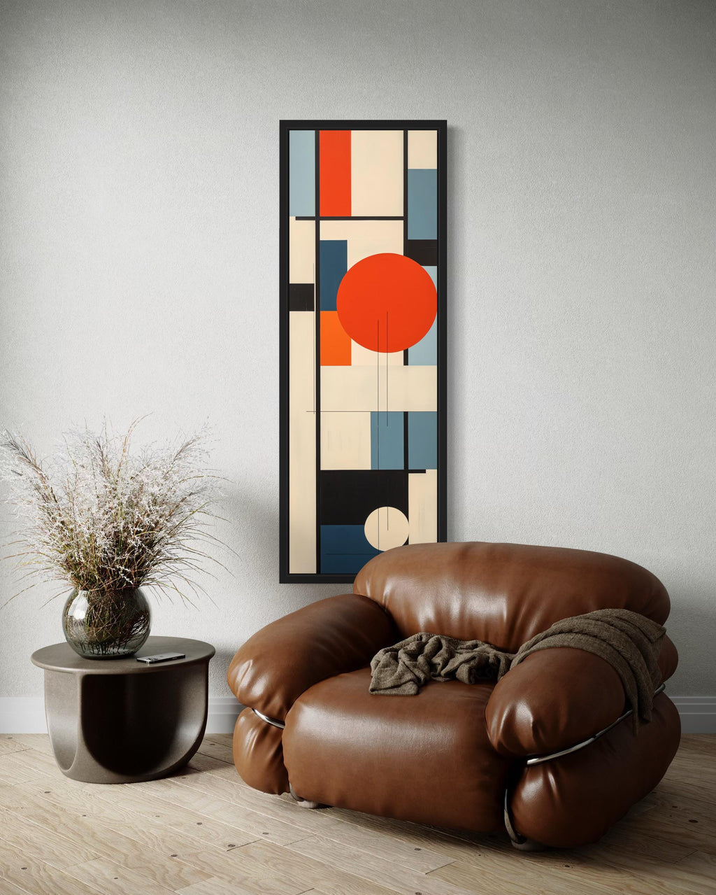 Vertical Mid Century Modern Wall Art, Colorful Geometric Abstract Canvas Print With Red Circle