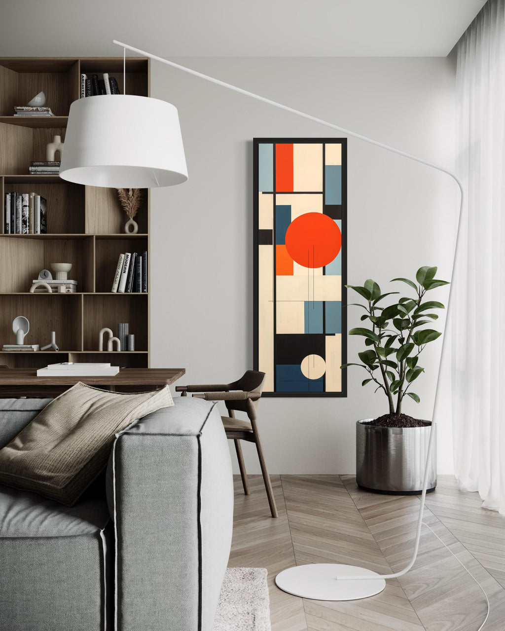 Vertical Mid Century Modern Wall Art, Colorful Geometric Abstract Canvas Print With Red Circle
