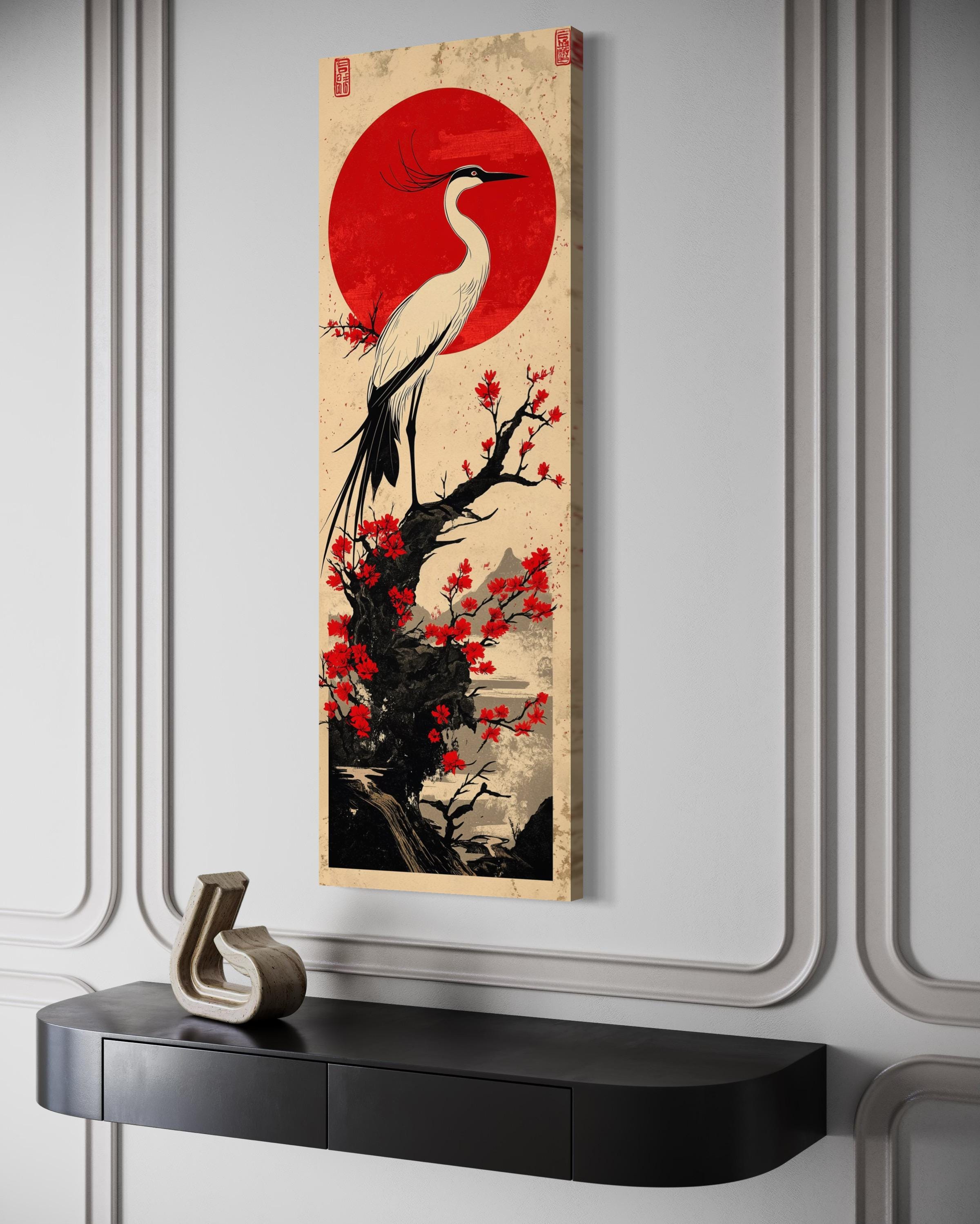 Vertical Narro Japanese Crane Framed Canvas Wall Art