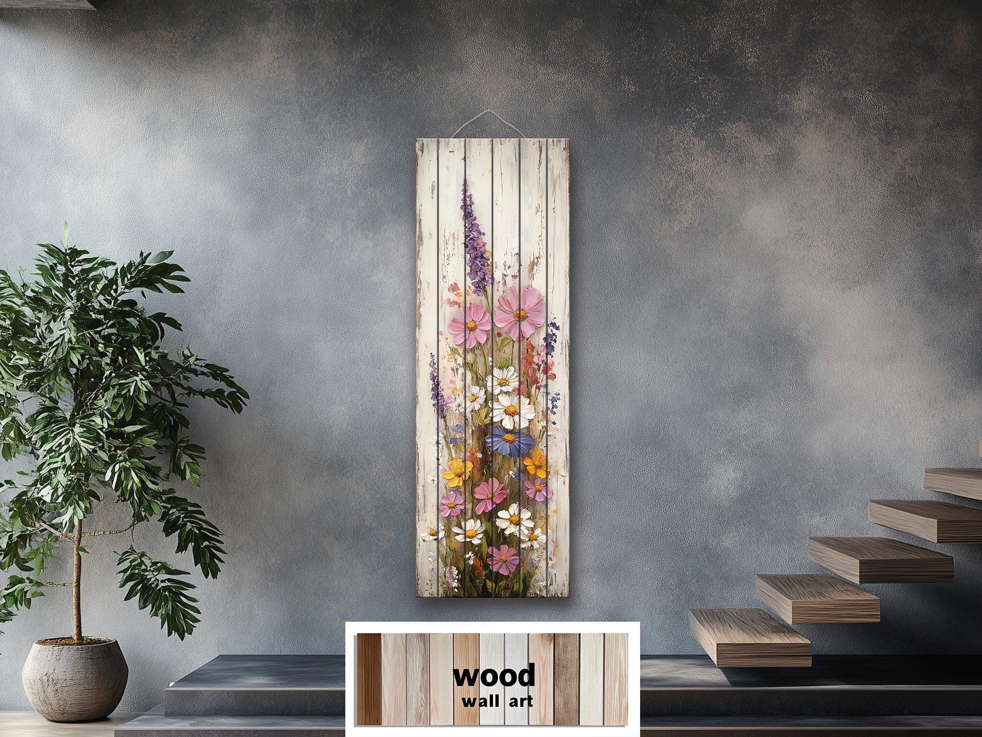 Vertical Narrow Wildflowers Distressed Wood Wall Art