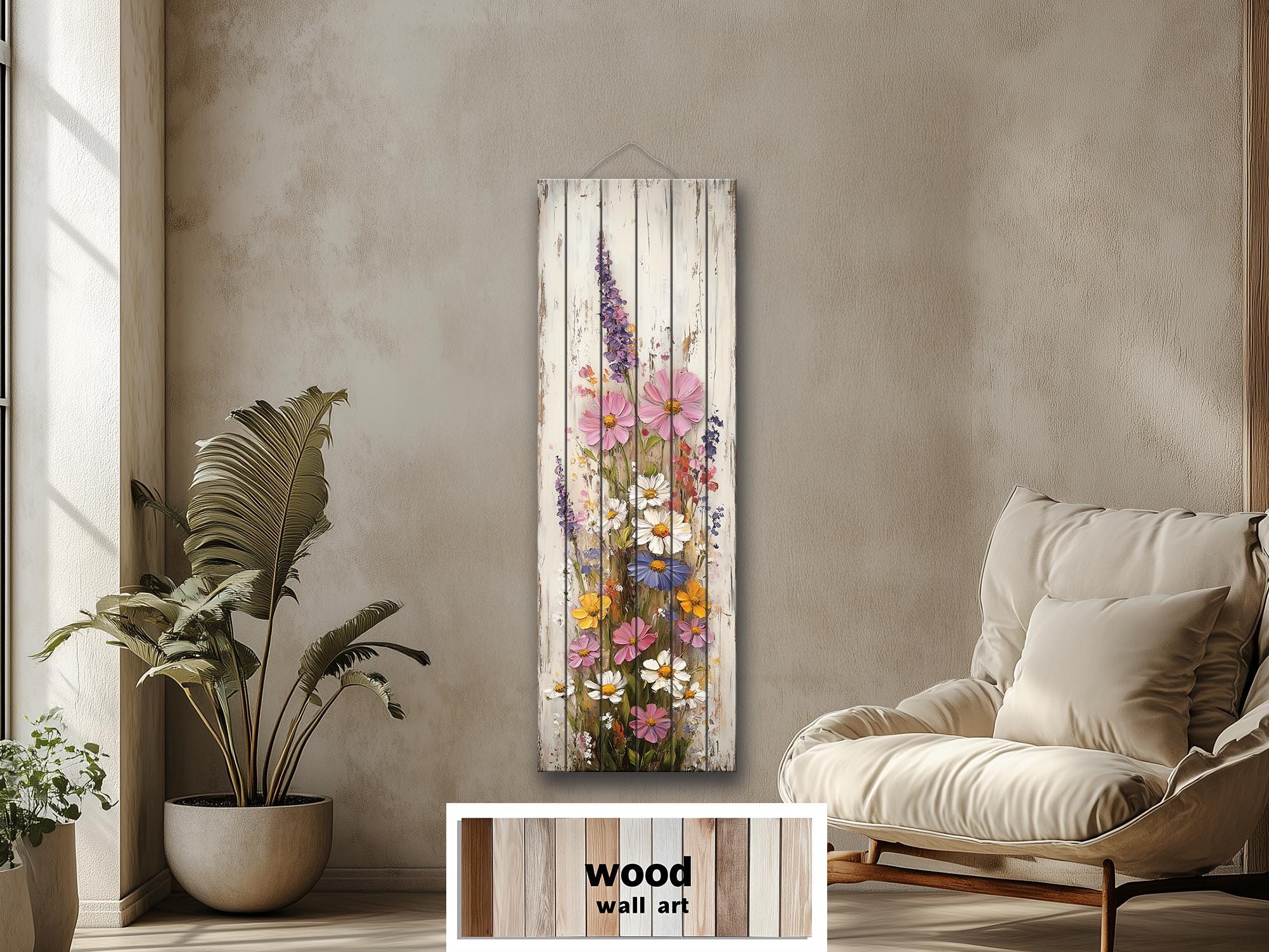 Vertical Narrow Wildflowers Distressed Wood Wall Art