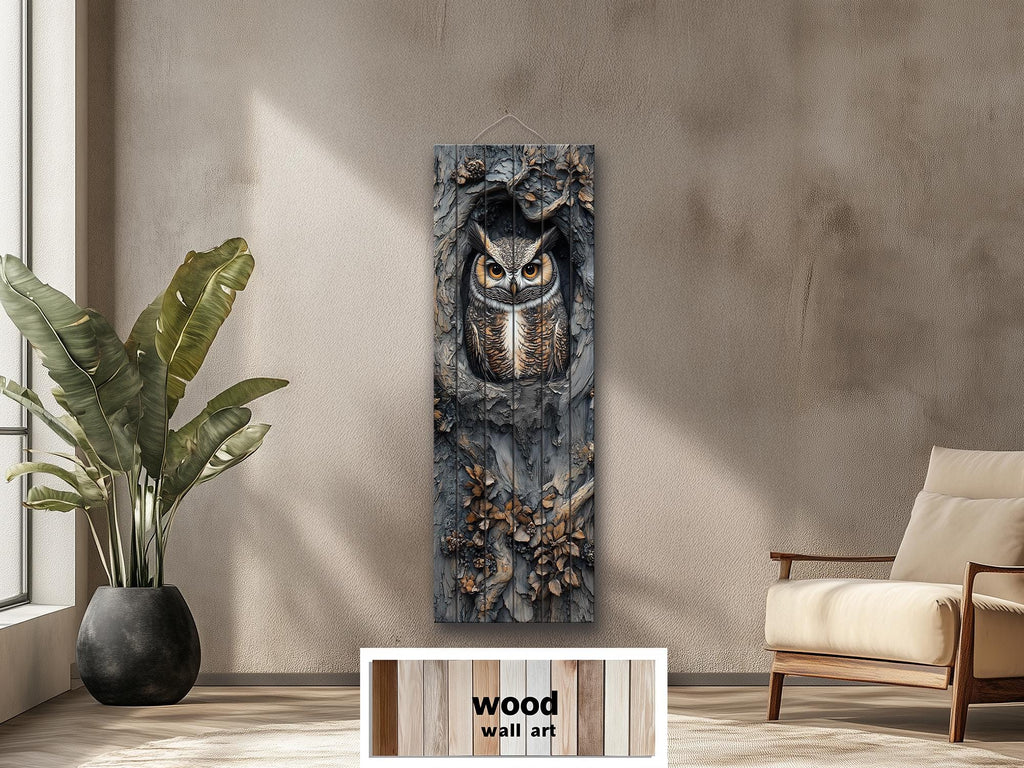 Vertical Owl In A Tree Real Wood Wall Art for Cabin Decor