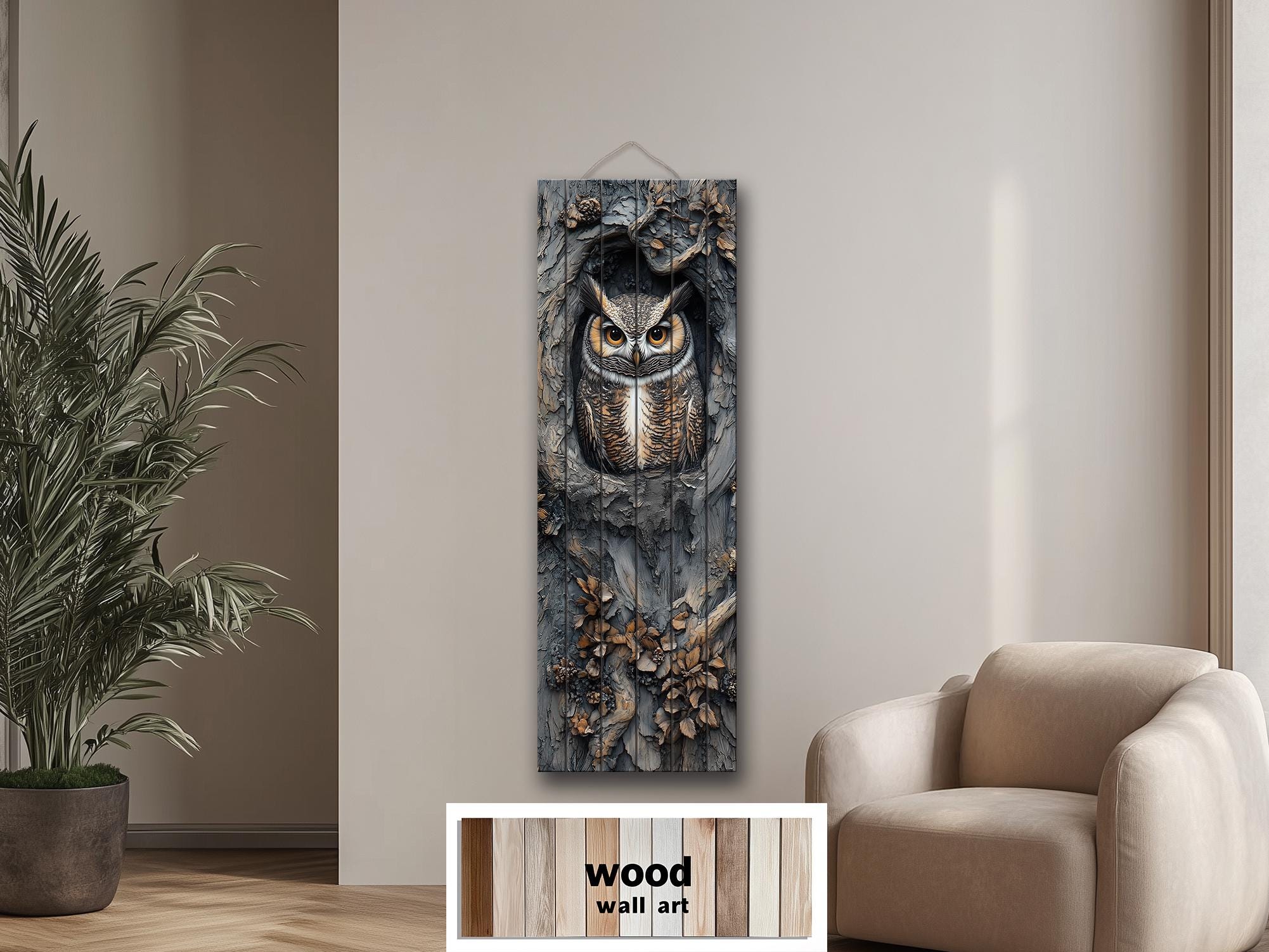 Vertical Owl In A Tree Real Wood Wall Art for Cabin Decor