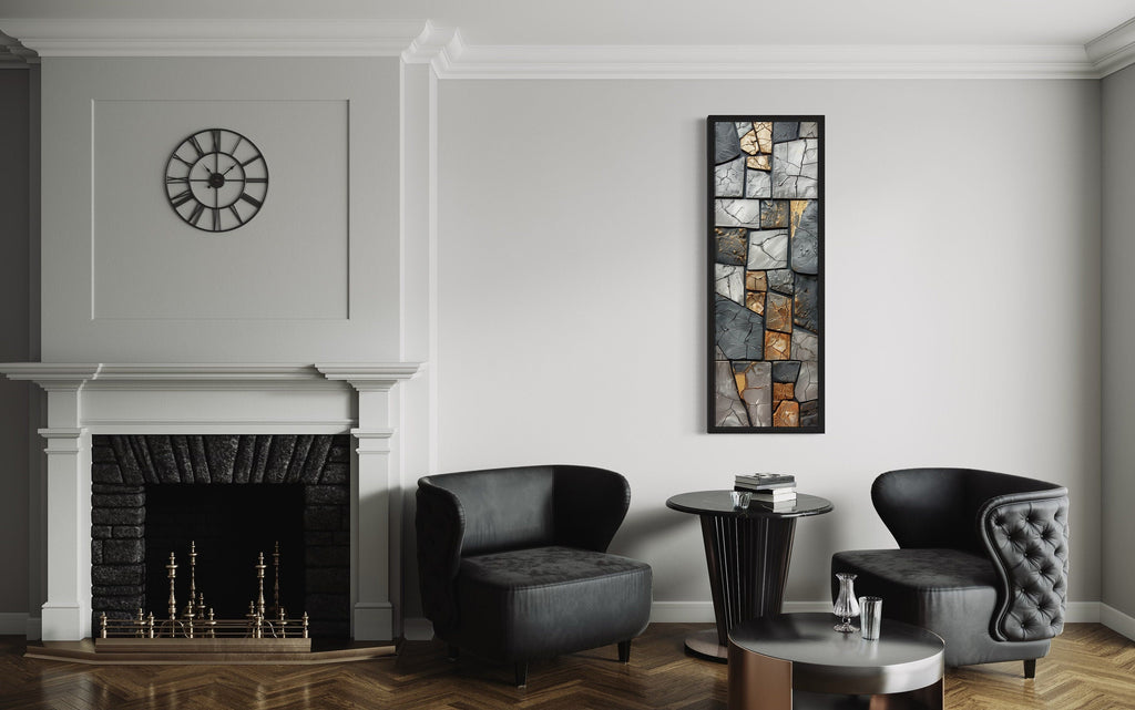 Vertical Silver Gold Rocks Marble Tall Slim Wall Art