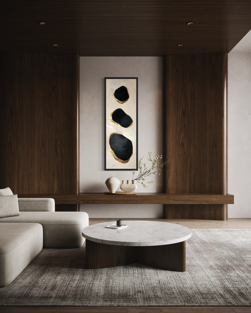 Vertical Tall Narrow Black and Gold Abstract Rocks Wall Art For Entryway Decor