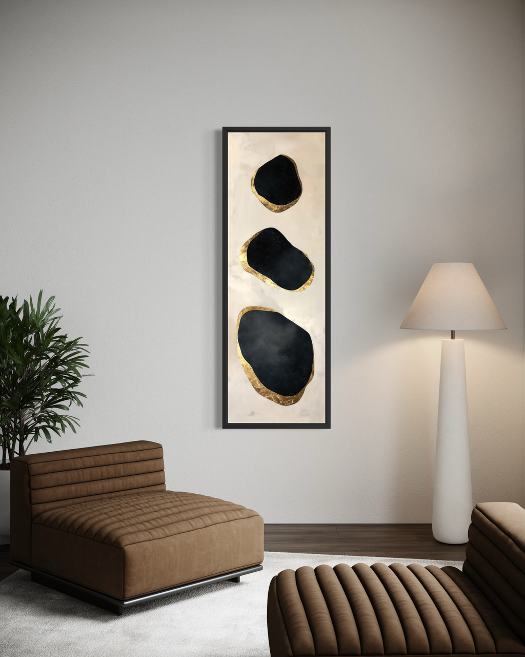 Vertical Tall Narrow Black and Gold Abstract Rocks Wall Art For Entryway Decor
