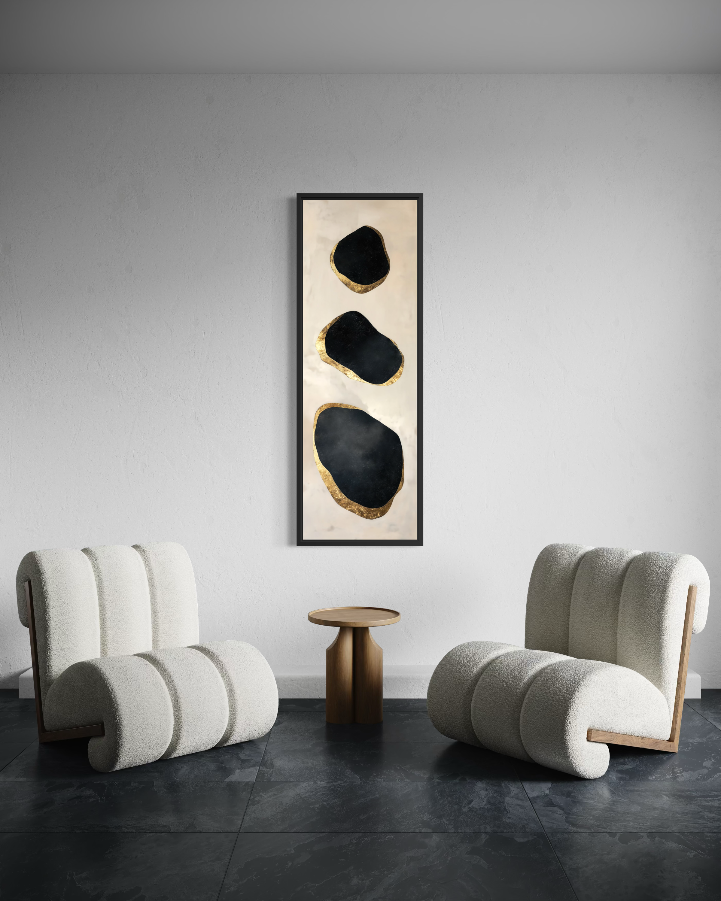 Vertical Tall Narrow Black and Gold Abstract Rocks Wall Art For Entryway Decor