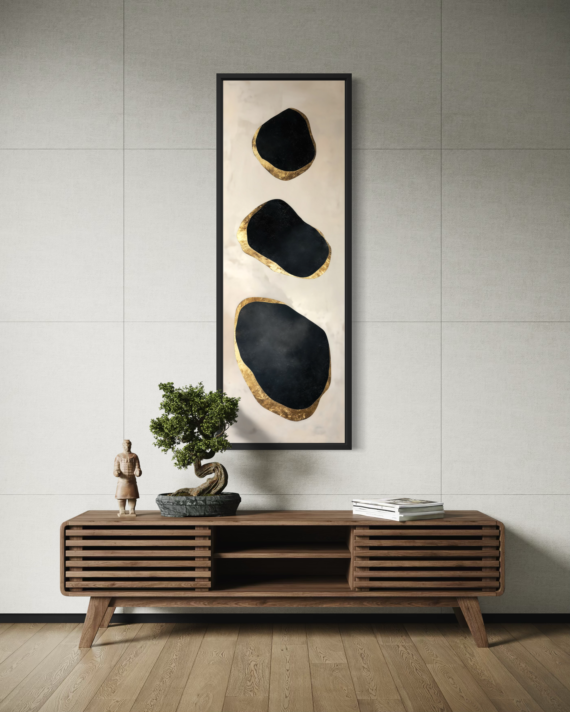 Vertical Tall Narrow Black and Gold Abstract Rocks Wall Art For Entryway Decor