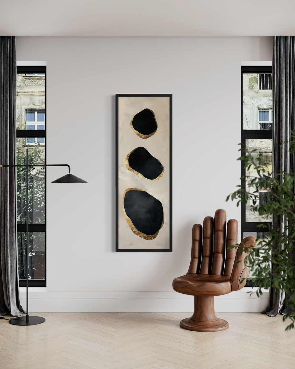 Vertical Tall Narrow Black and Gold Abstract Rocks Wall Art For Entryway Decor