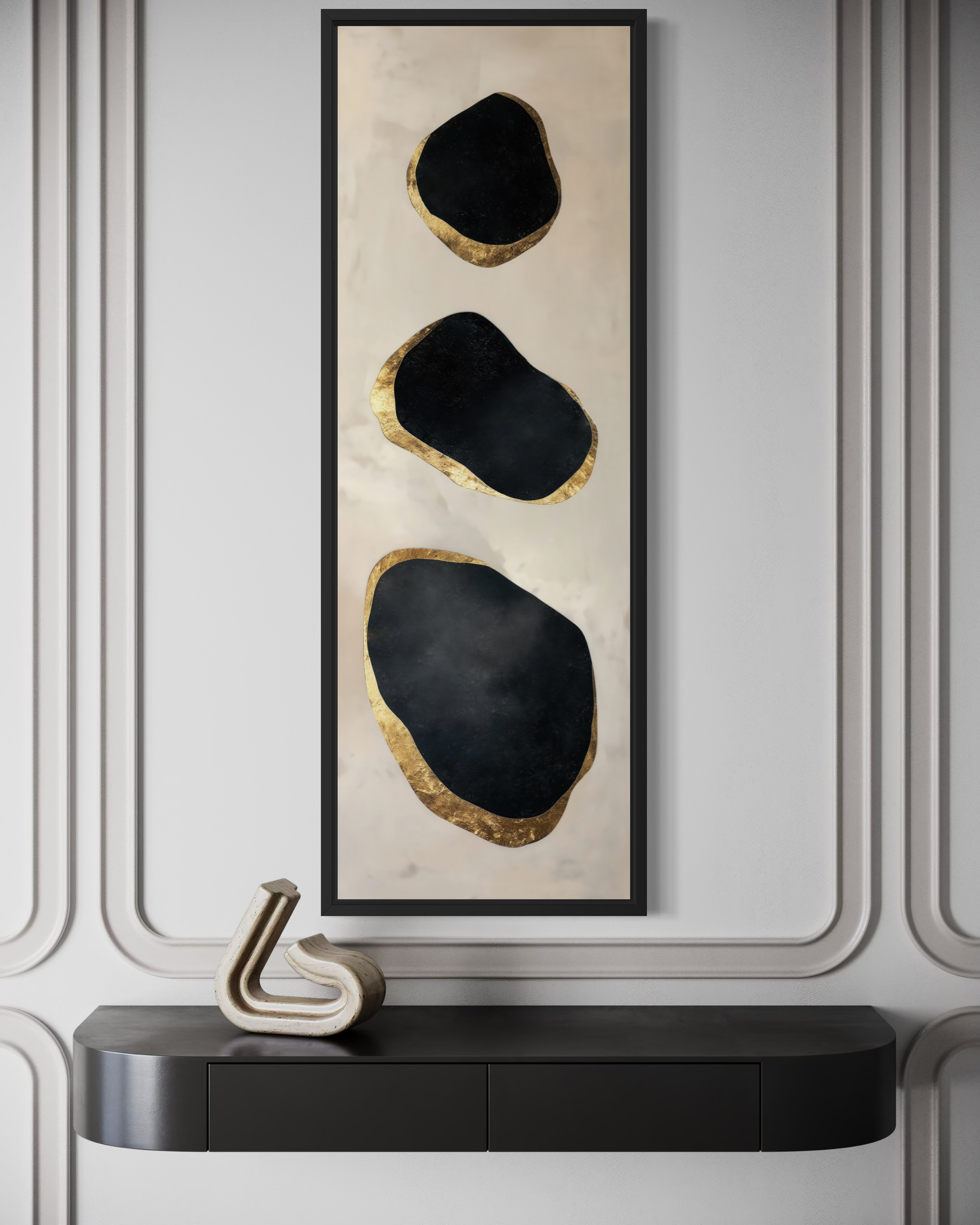 Vertical Tall Narrow Black and Gold Abstract Rocks Wall Art For Entryway Decor