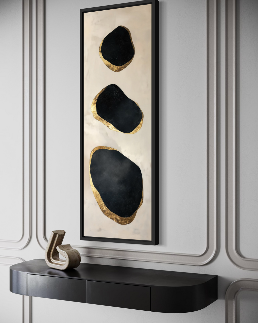 Vertical Tall Narrow Black and Gold Abstract Rocks Wall Art For Entryway Decor