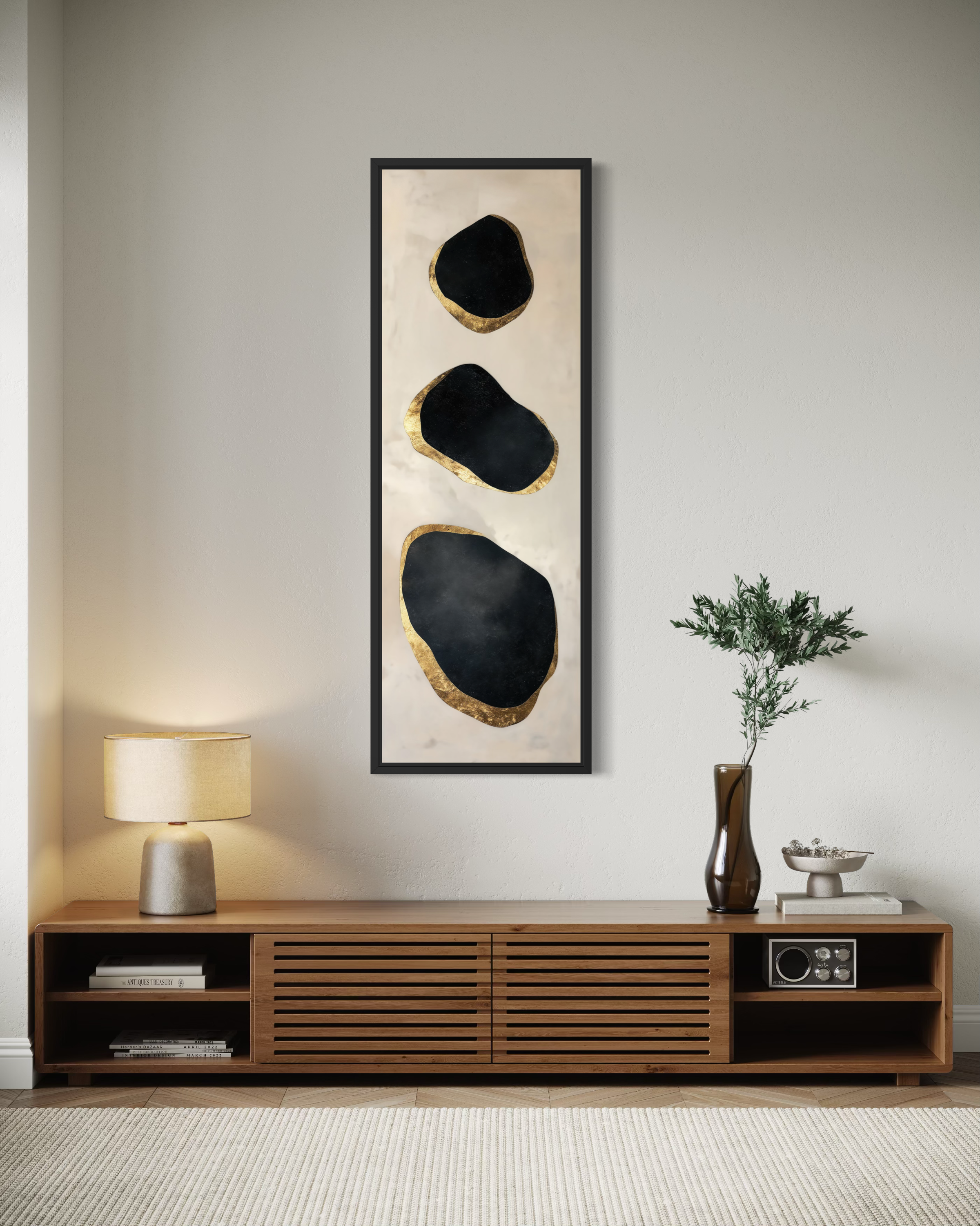 Vertical Tall Narrow Black and Gold Abstract Rocks Wall Art For Entryway Decor