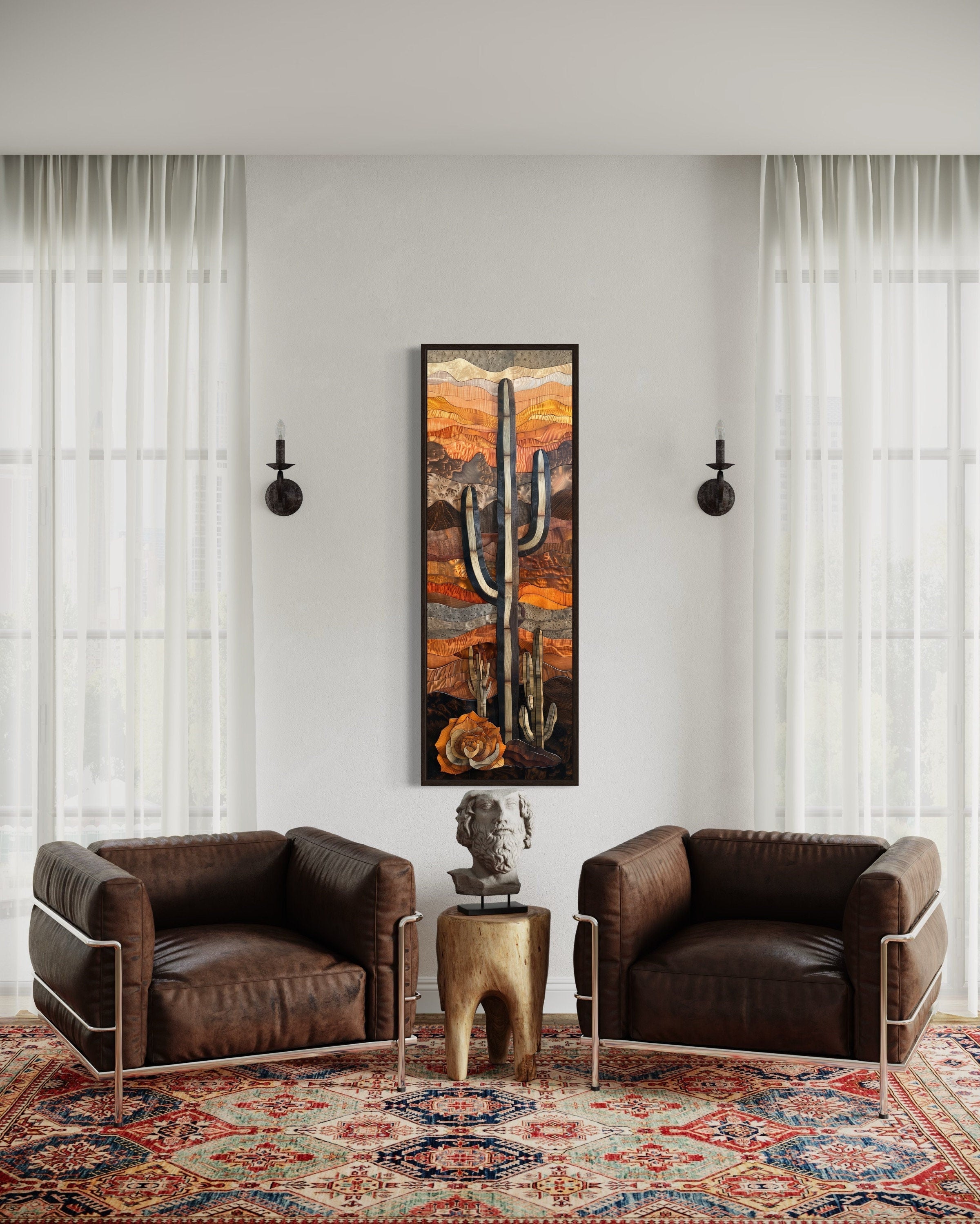 Vertical Tall Narrow Saguaro Cactus Layered Wood Style Framed Canvas Wall Art