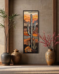 Vertical Tall Narrow Saguaro Cactus Layered Wood Style Framed Canvas Wall Art