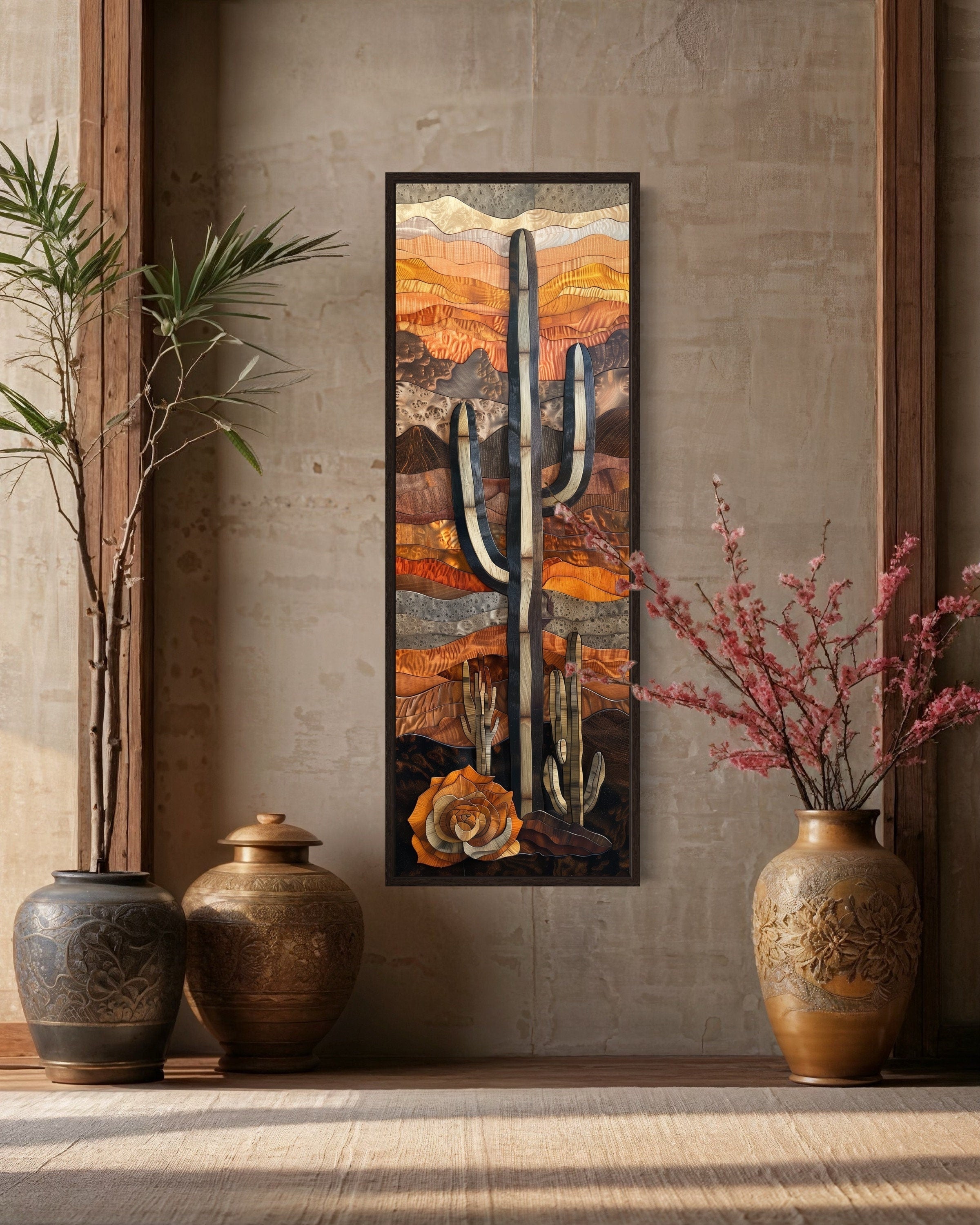 Vertical Tall Narrow Saguaro Cactus Layered Wood Style Framed Canvas Wall Art